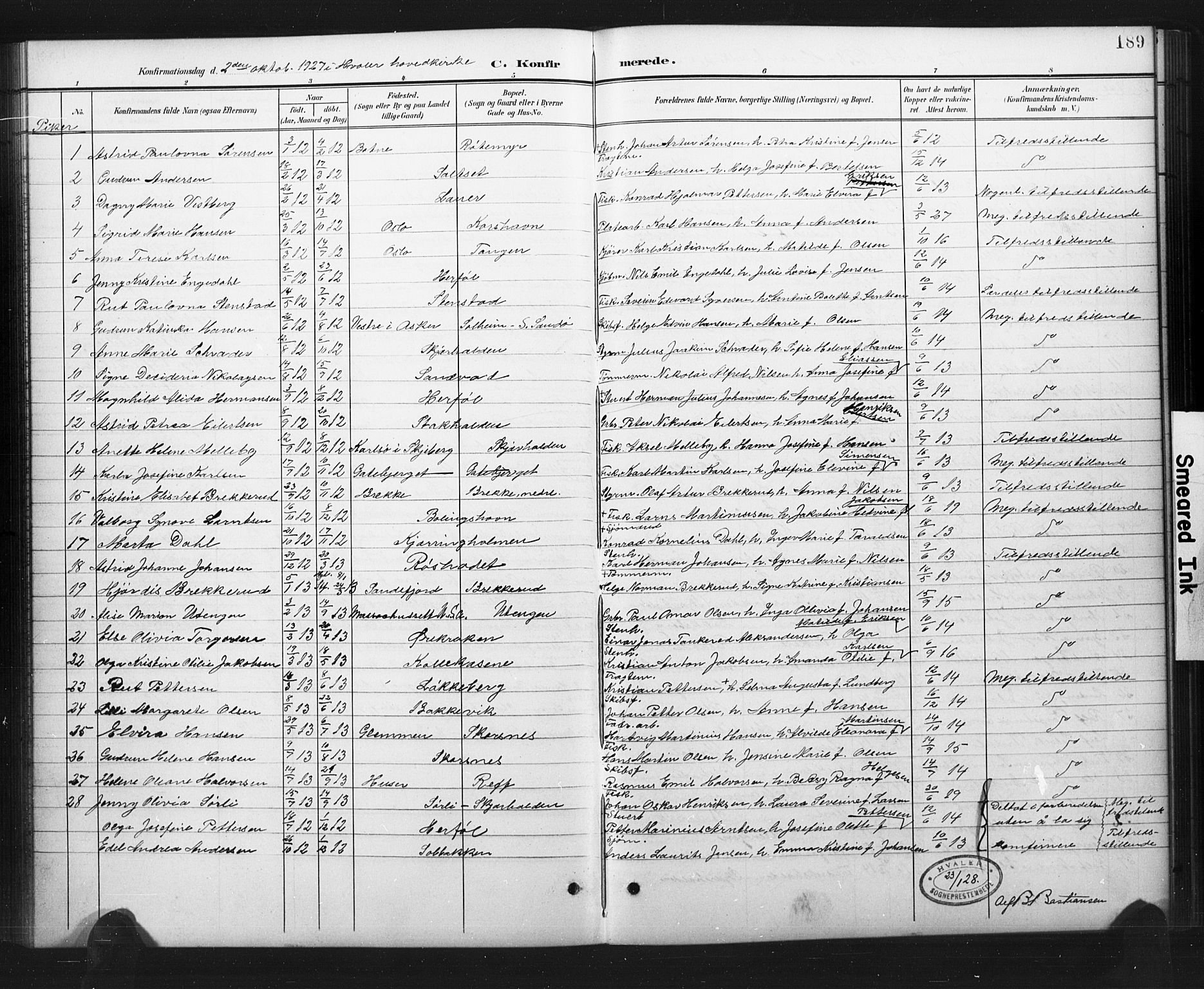 Hvaler prestekontor Kirkebøker, SAO/A-2001/G/Ga/L0001: Parish register (copy) no. I 1, 1901-1930, p. 189