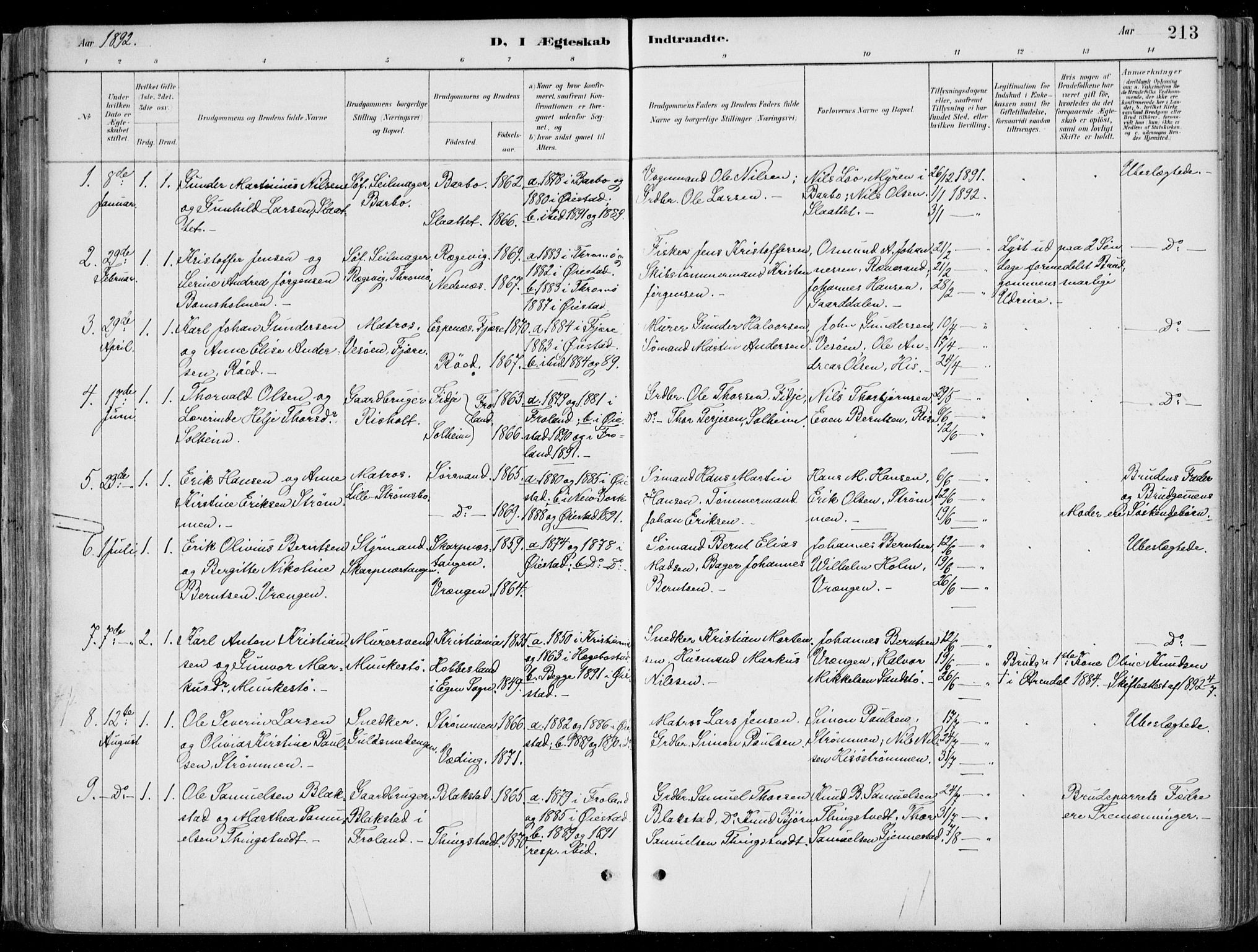 Øyestad sokneprestkontor, SAK/1111-0049/F/Fa/L0017: Parish register (official) no. A 17, 1887-1896, p. 213