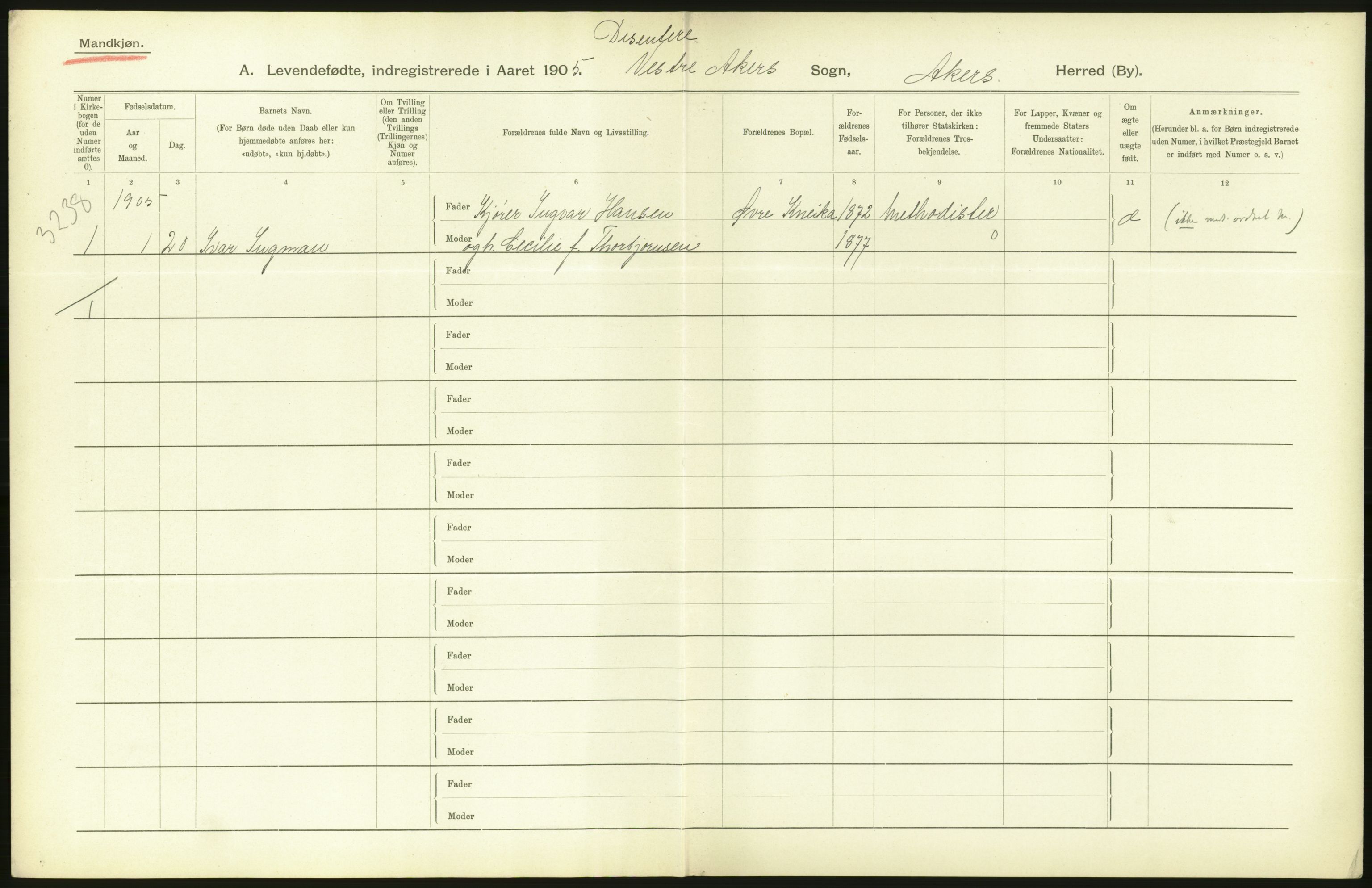 Statistisk sentralbyrå, Sosiodemografiske emner, Befolkning, AV/RA-S-2228/D/Df/Dfa/Dfac/L0004: Akershus amt: Fødte. Bygder., 1905, p. 4