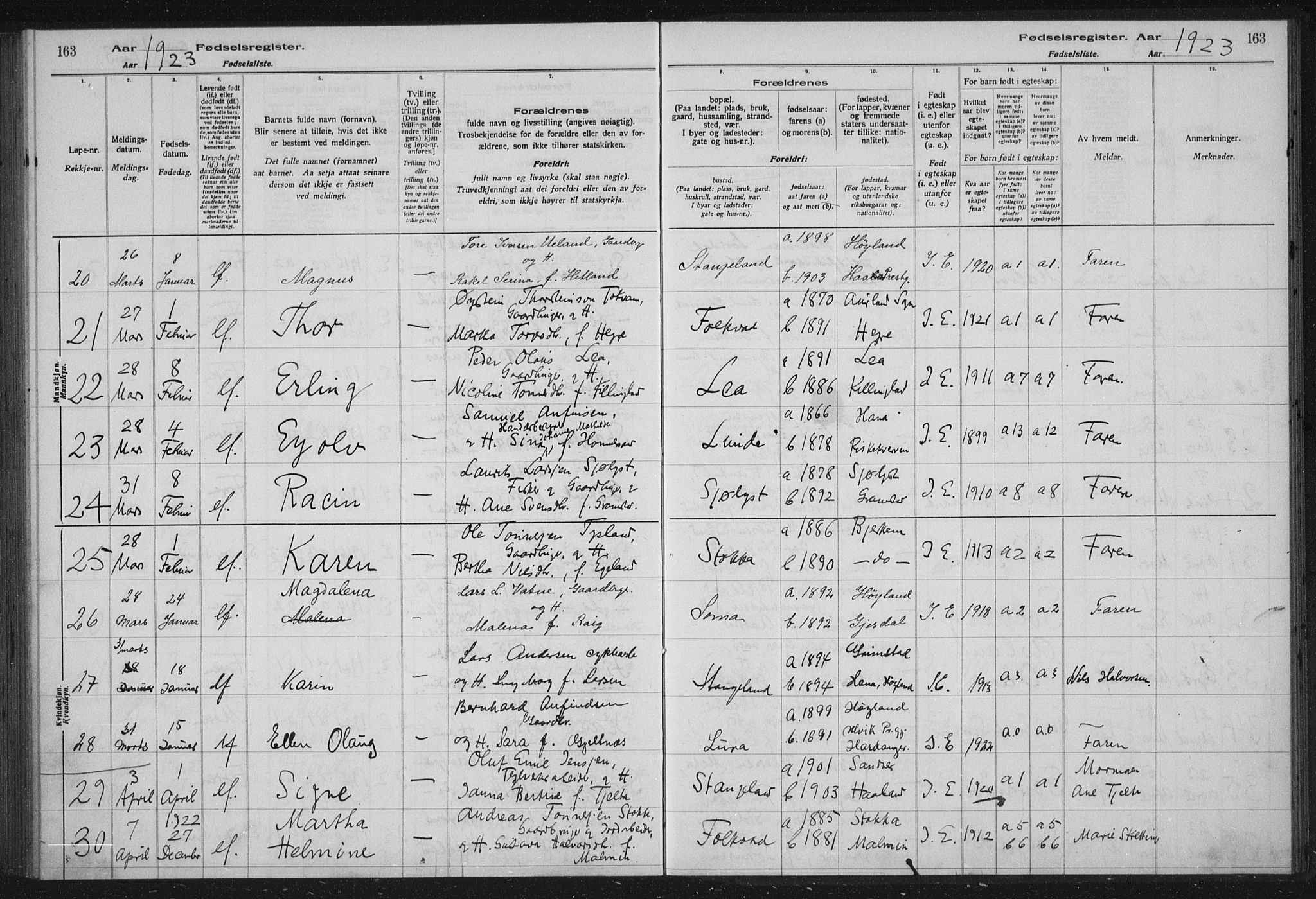 Høyland sokneprestkontor, SAST/A-101799/002/O/L0001: Birth register no. 1, 1916-1924, p. 163