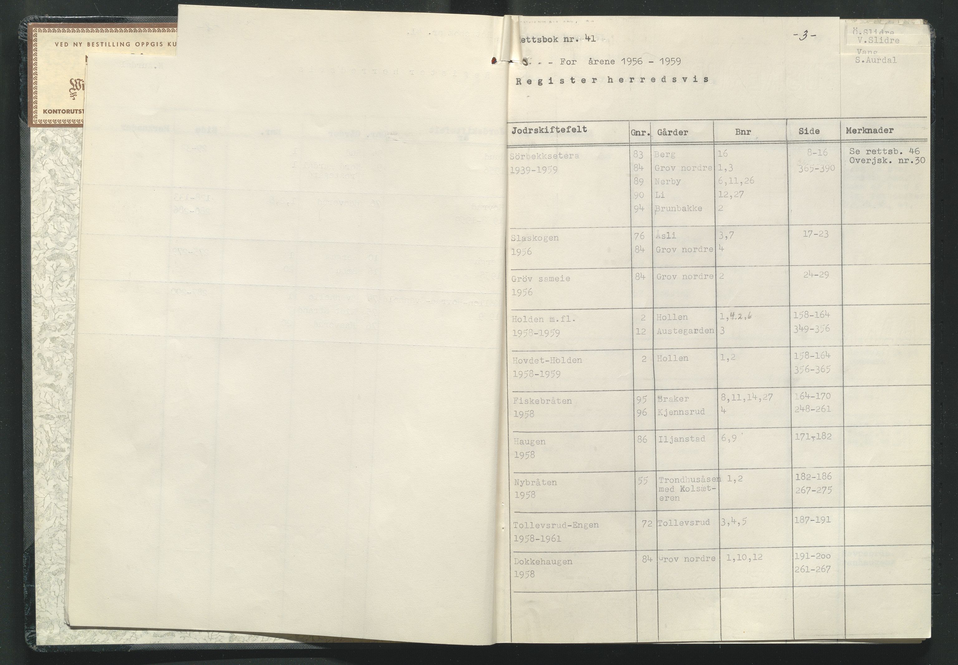 Valdres jordskifterett, AV/SAH-JORDSKIFTEO-003/G/Ga/L0003/0002: Rettsbøker / Rettsbok - protokoll nr. 41, 1956-1959