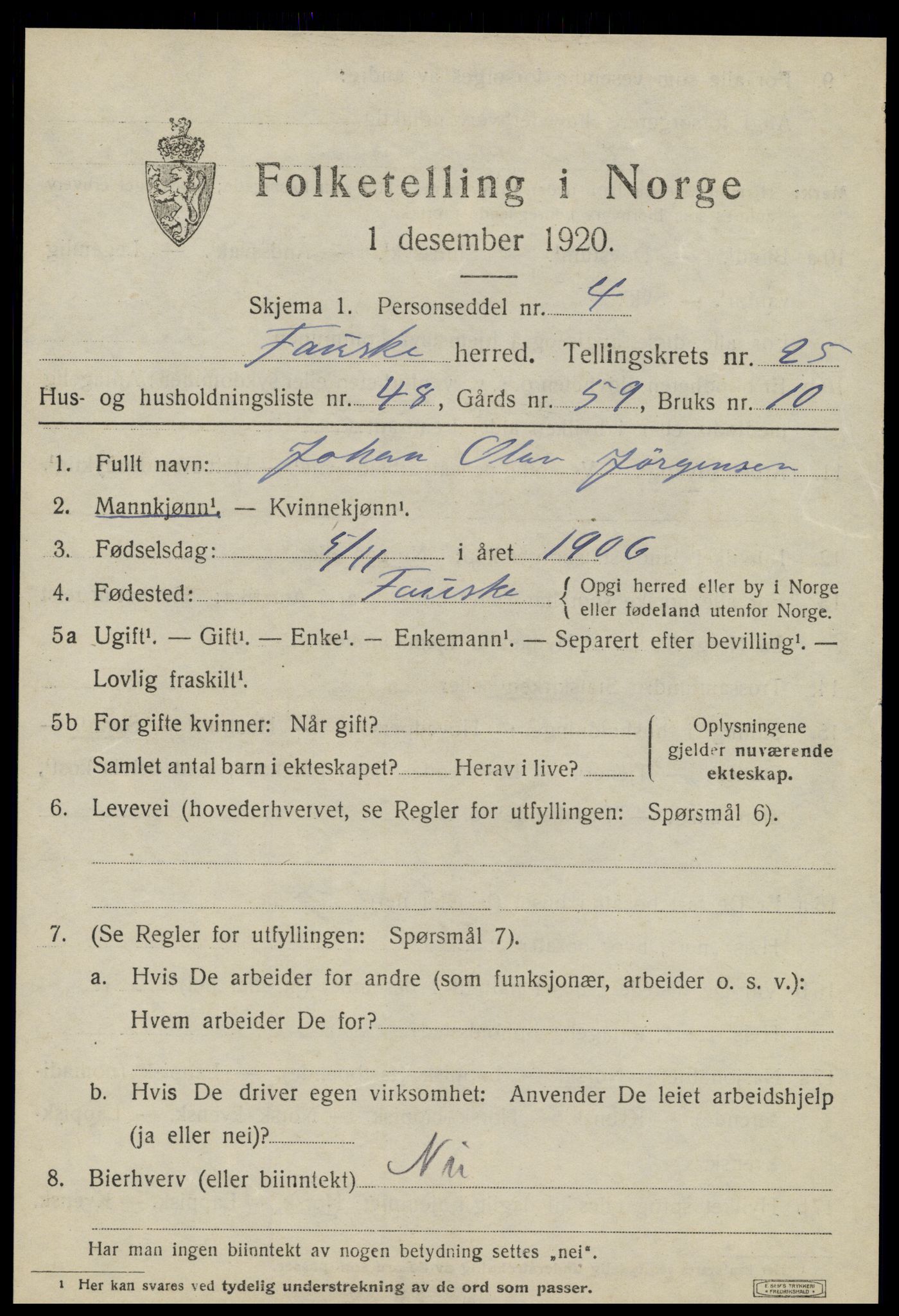 SAT, 1920 census for Fauske, 1920, p. 15688