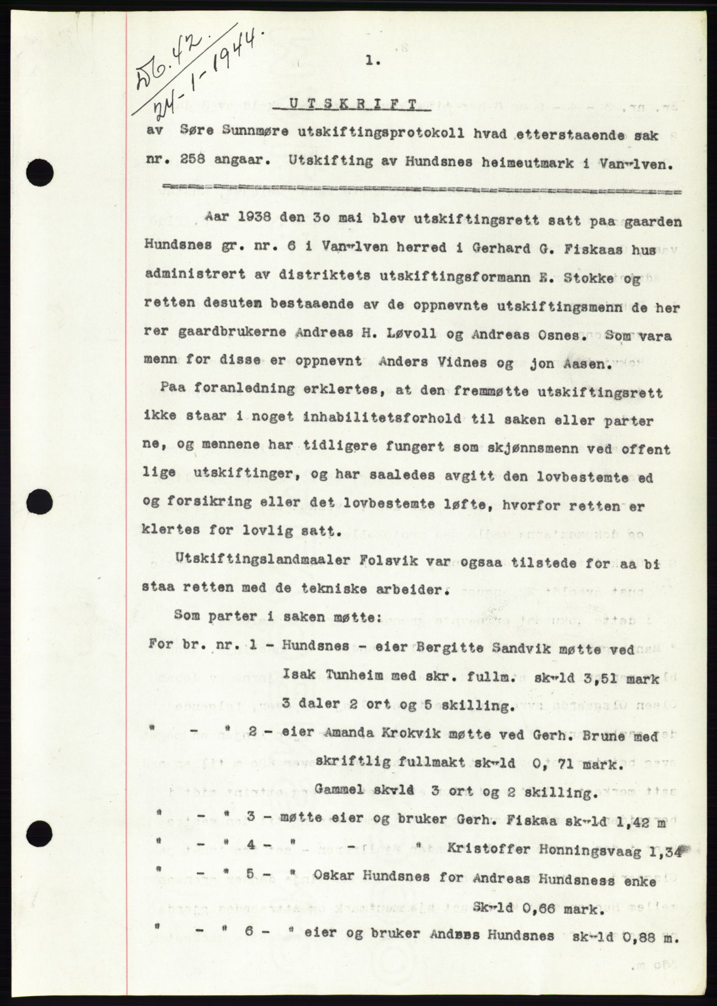 Søre Sunnmøre sorenskriveri, AV/SAT-A-4122/1/2/2C/L0076: Mortgage book no. 2A, 1943-1944, Diary no: : 42/1944