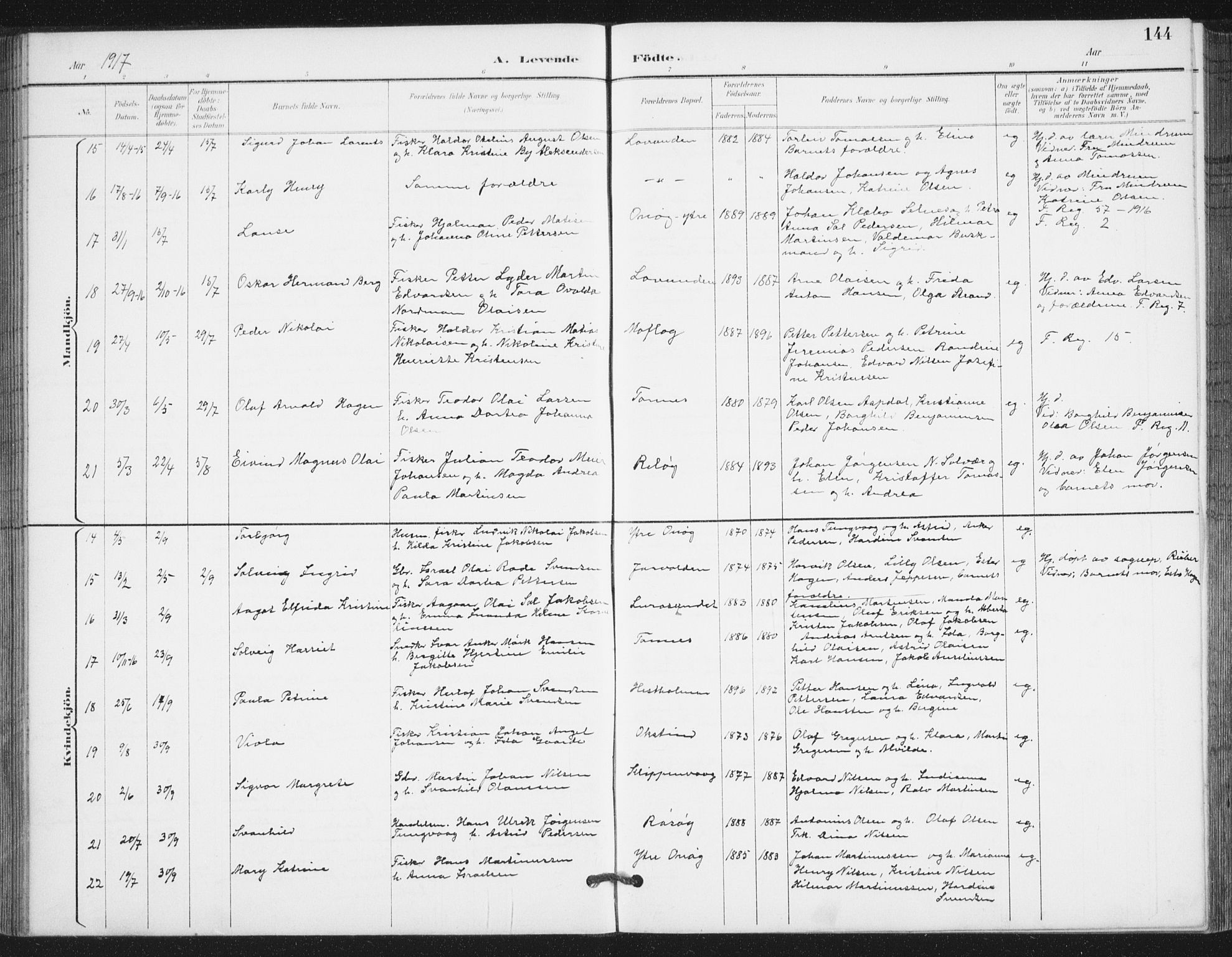 Ministerialprotokoller, klokkerbøker og fødselsregistre - Nordland, AV/SAT-A-1459/839/L0573: Parish register (copy) no. 839C03, 1892-1917, p. 144