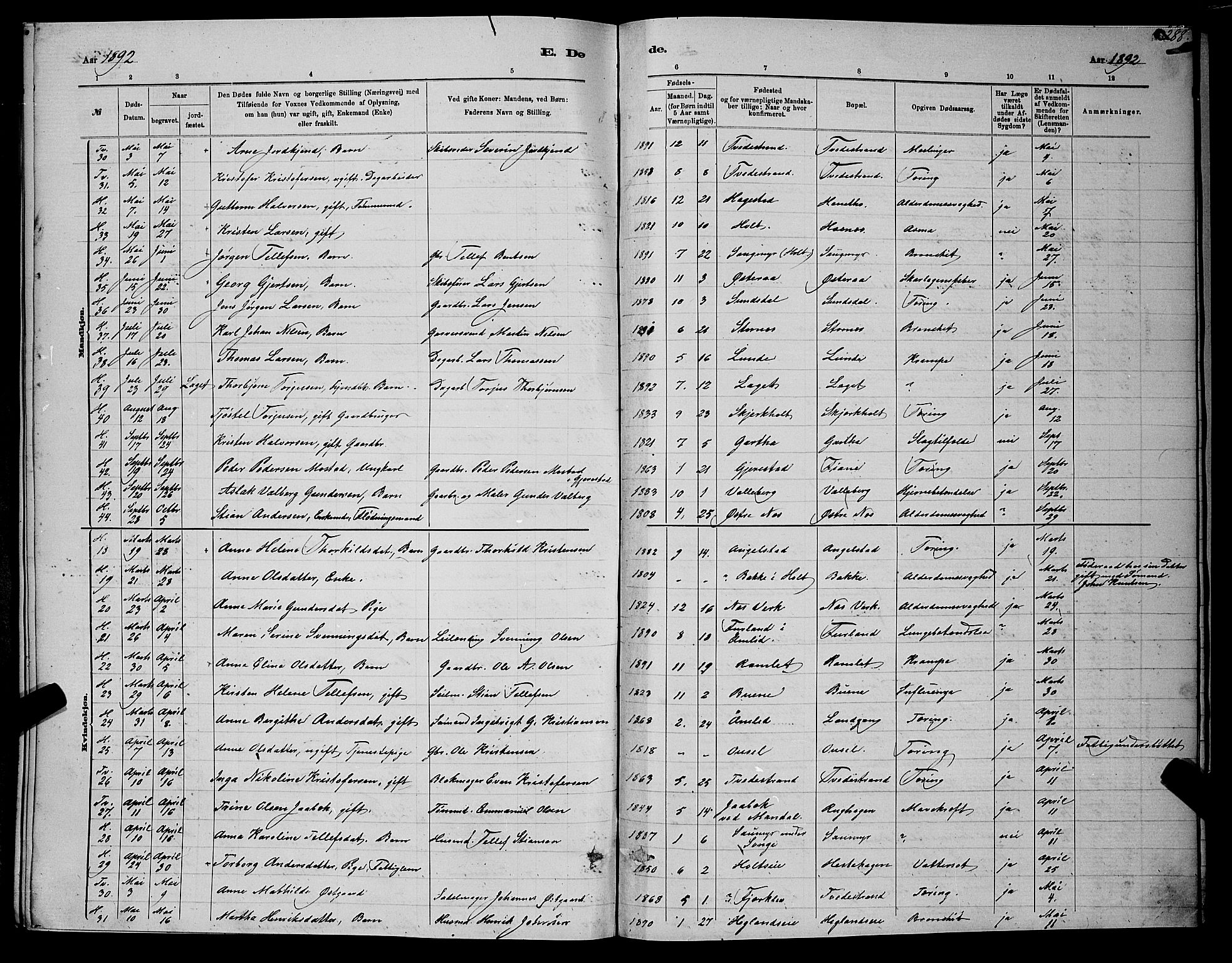 Holt sokneprestkontor, AV/SAK-1111-0021/F/Fb/L0010: Parish register (copy) no. B 10, 1883-1896, p. 288