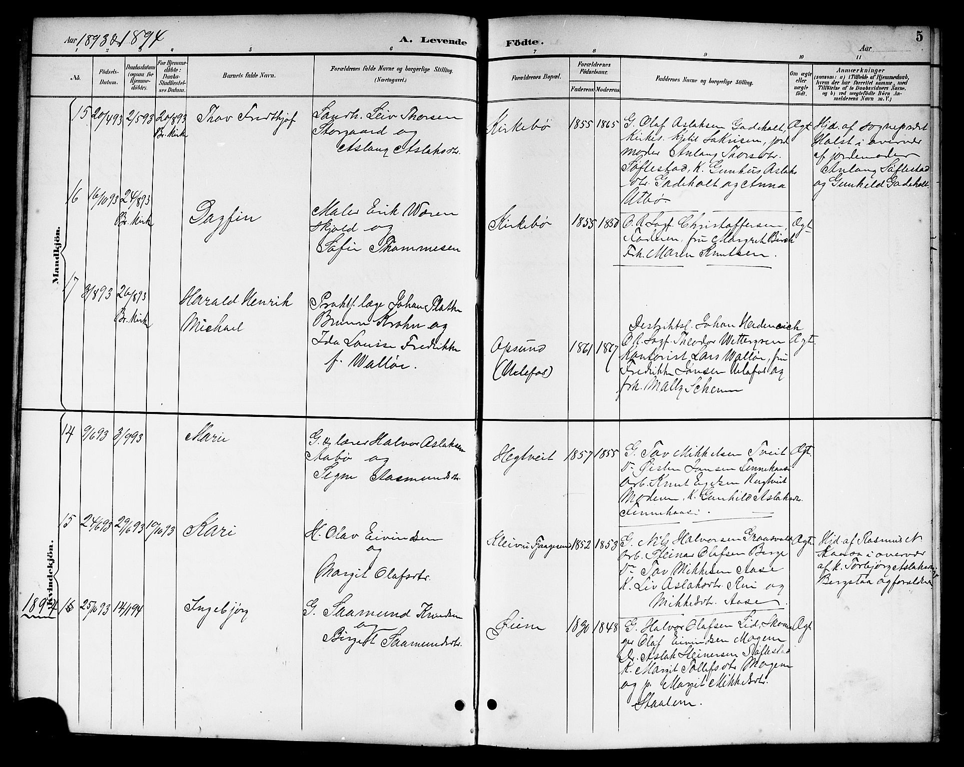 Kviteseid kirkebøker, SAKO/A-276/G/Ga/L0002: Parish register (copy) no. I 2, 1893-1918, p. 5