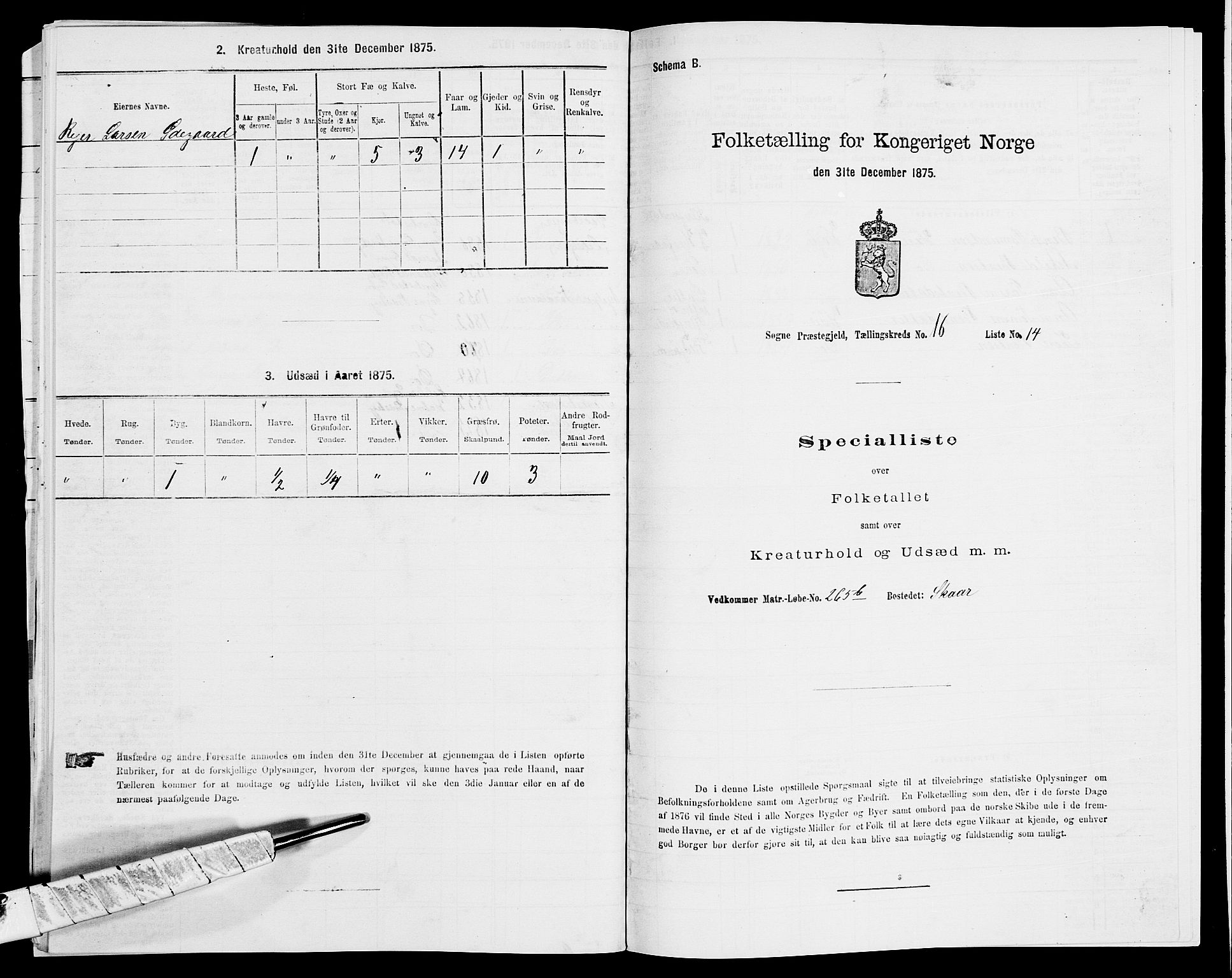 SAK, 1875 census for 1018P Søgne, 1875, p. 1335