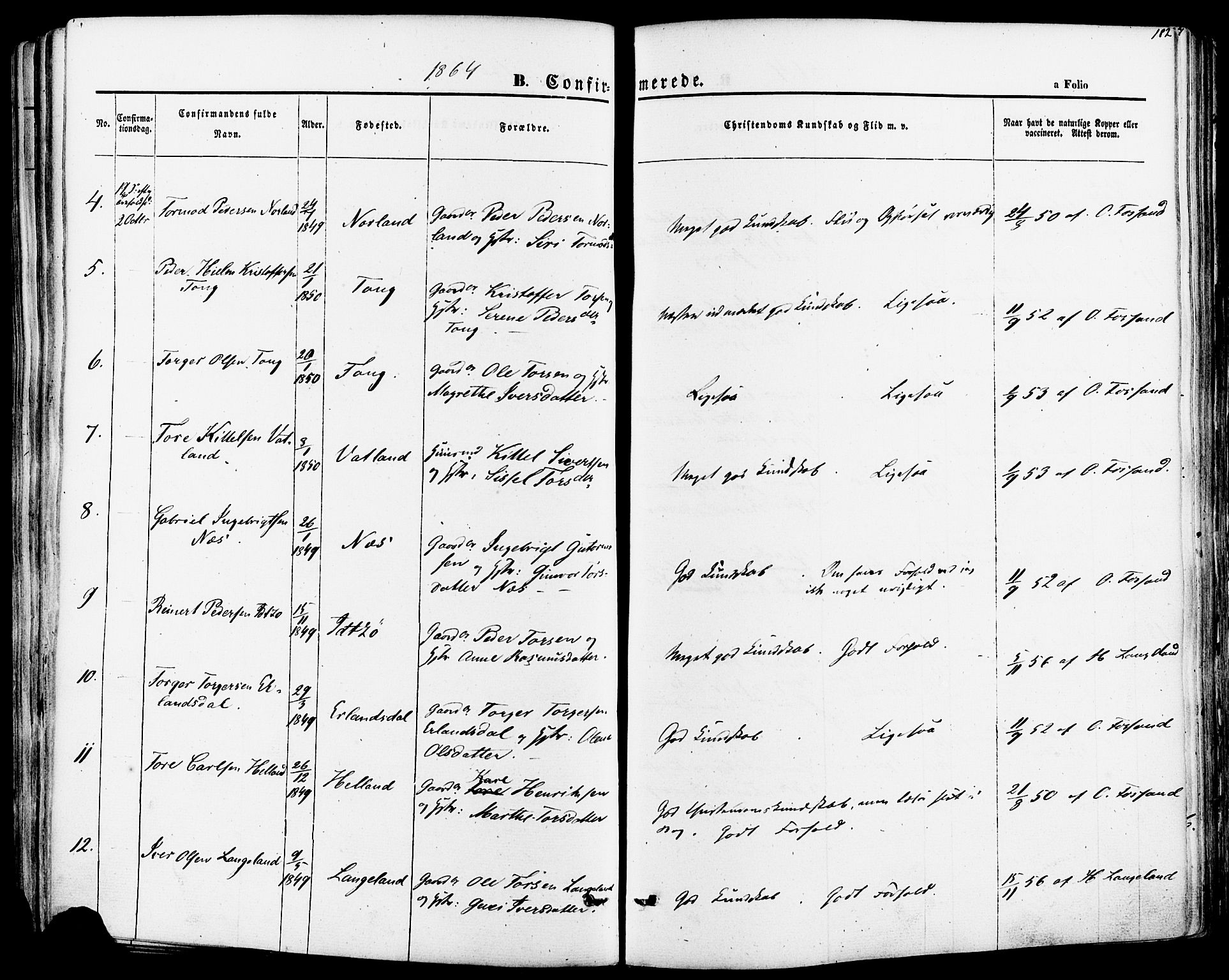 Strand sokneprestkontor, AV/SAST-A-101828/H/Ha/Haa/L0007: Parish register (official) no. A 7, 1855-1881, p. 182