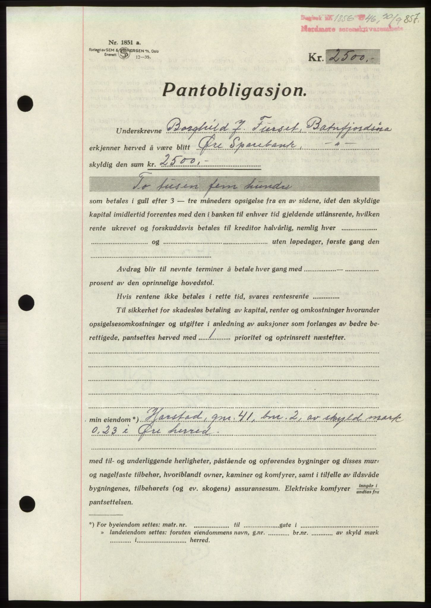 Nordmøre sorenskriveri, AV/SAT-A-4132/1/2/2Ca: Mortgage book no. B94, 1946-1946, Diary no: : 1856/1946