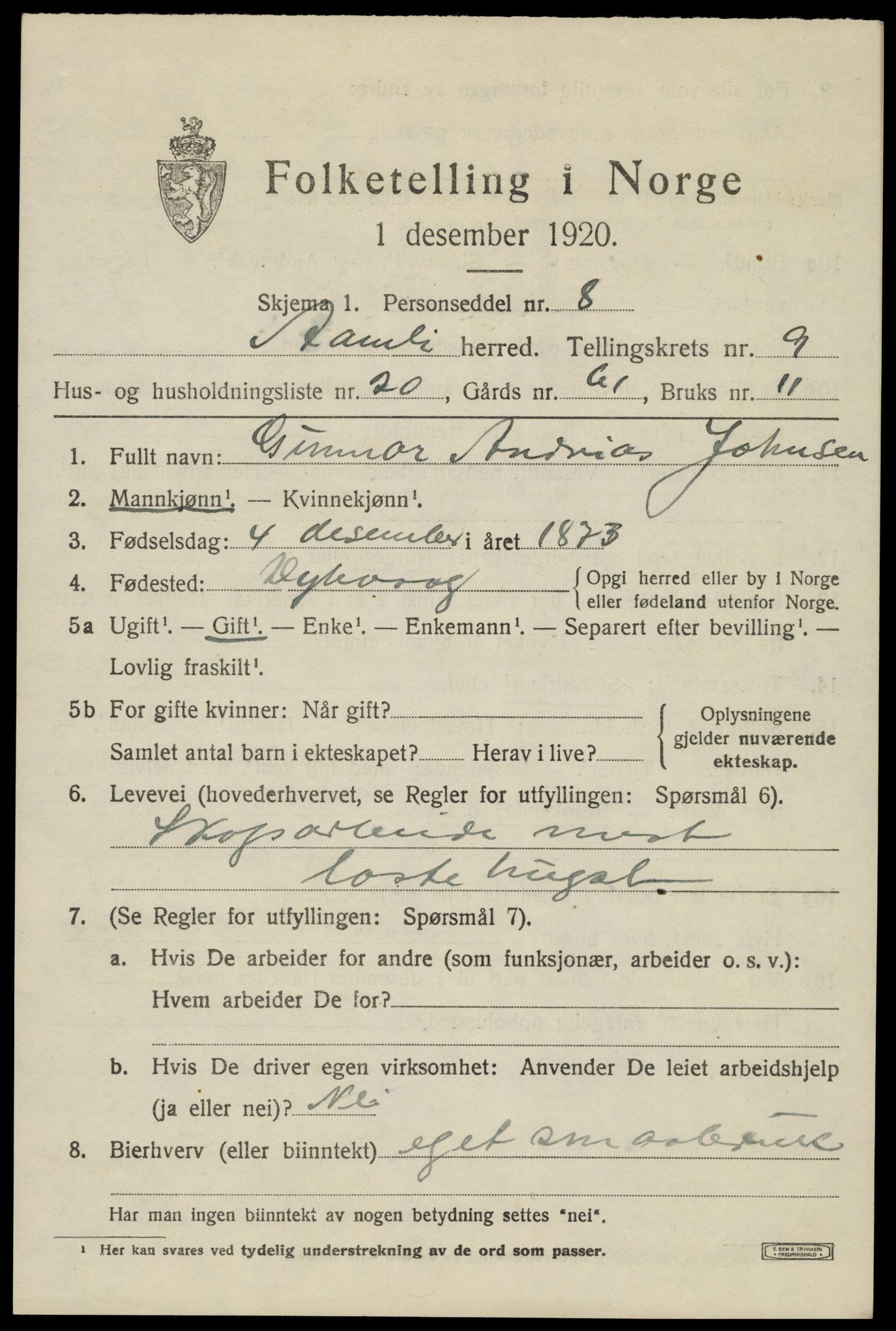 SAK, 1920 census for Åmli, 1920, p. 3713