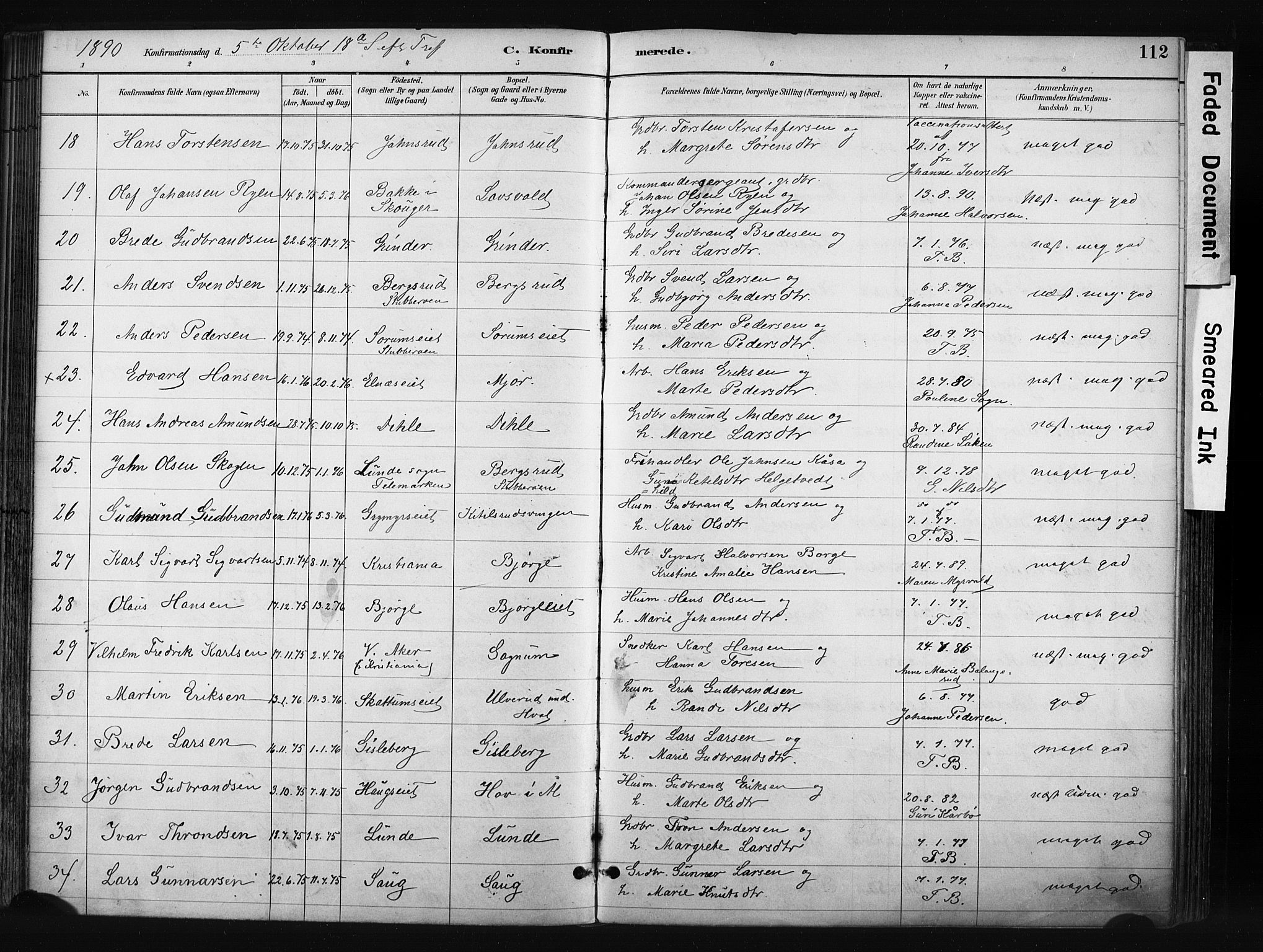 Gran prestekontor, SAH/PREST-112/H/Ha/Haa/L0017: Parish register (official) no. 17, 1889-1897, p. 112