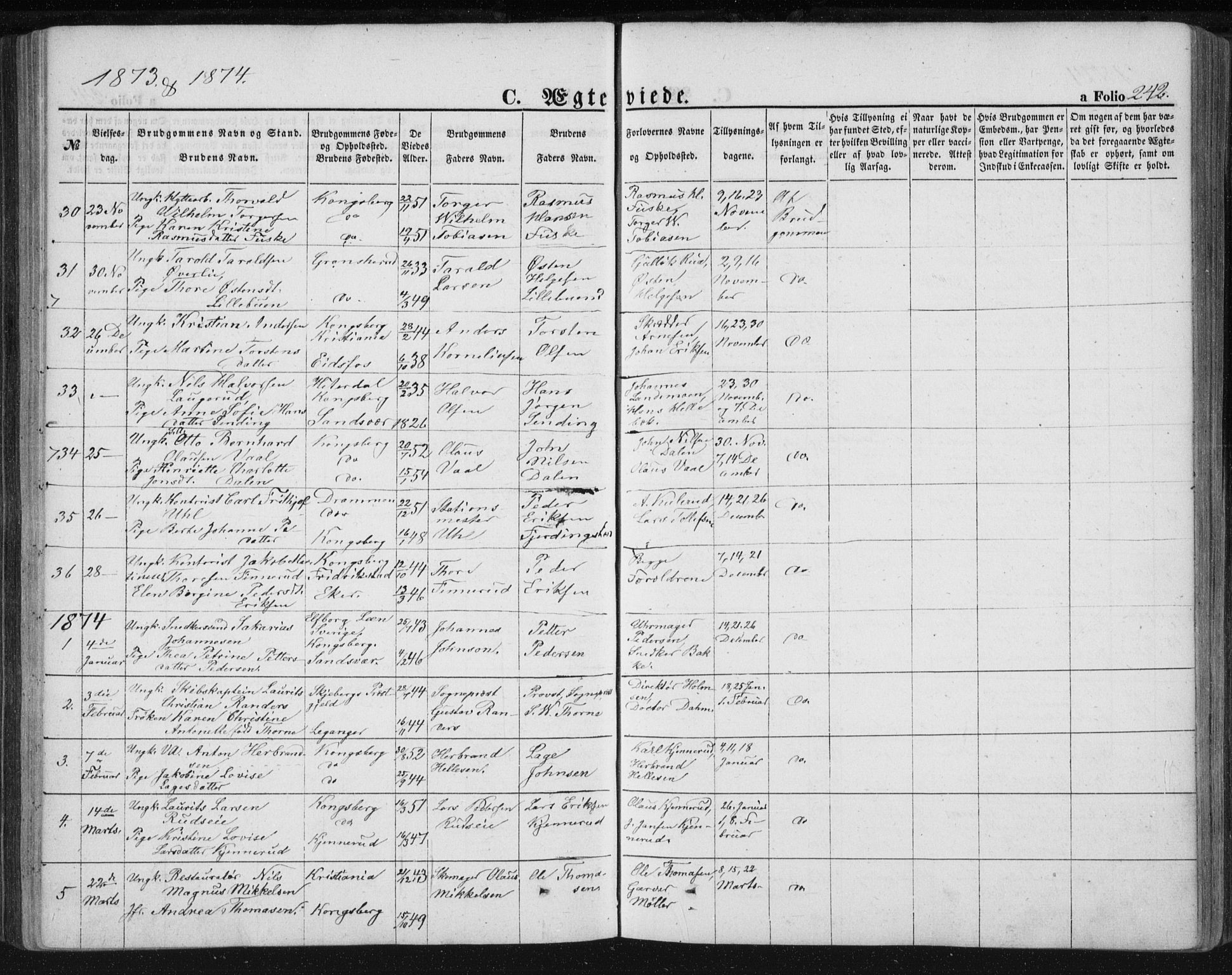 Kongsberg kirkebøker, SAKO/A-22/F/Fa/L0010: Parish register (official) no. I 10, 1859-1875, p. 242