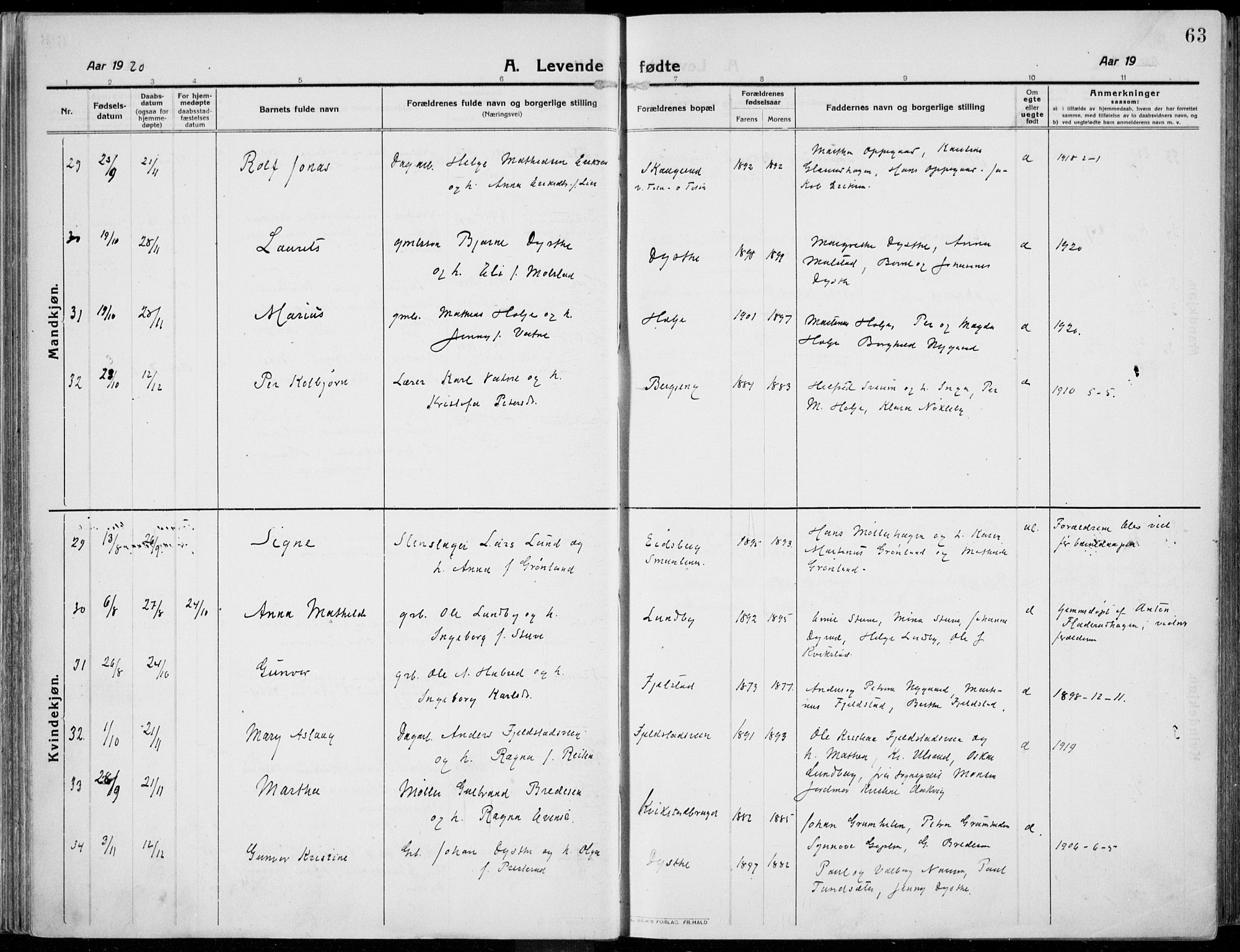 Kolbu prestekontor, SAH/PREST-110/H/Ha/Haa/L0002: Parish register (official) no. 2, 1912-1926, p. 63