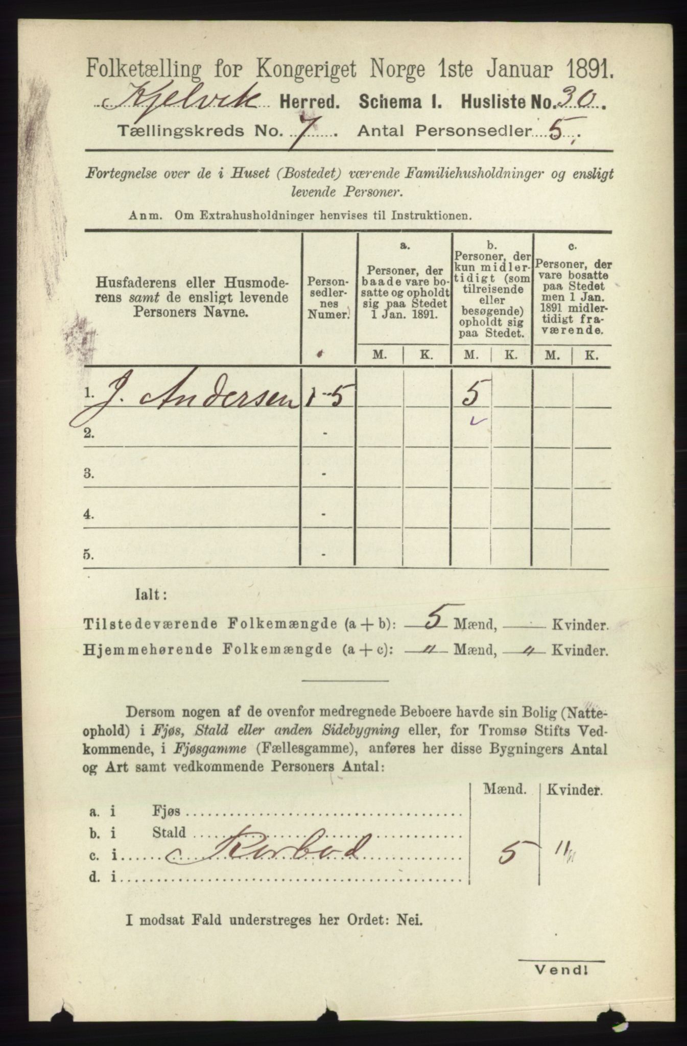 RA, 1891 census for 2019 Kjelvik, 1891, p. 875