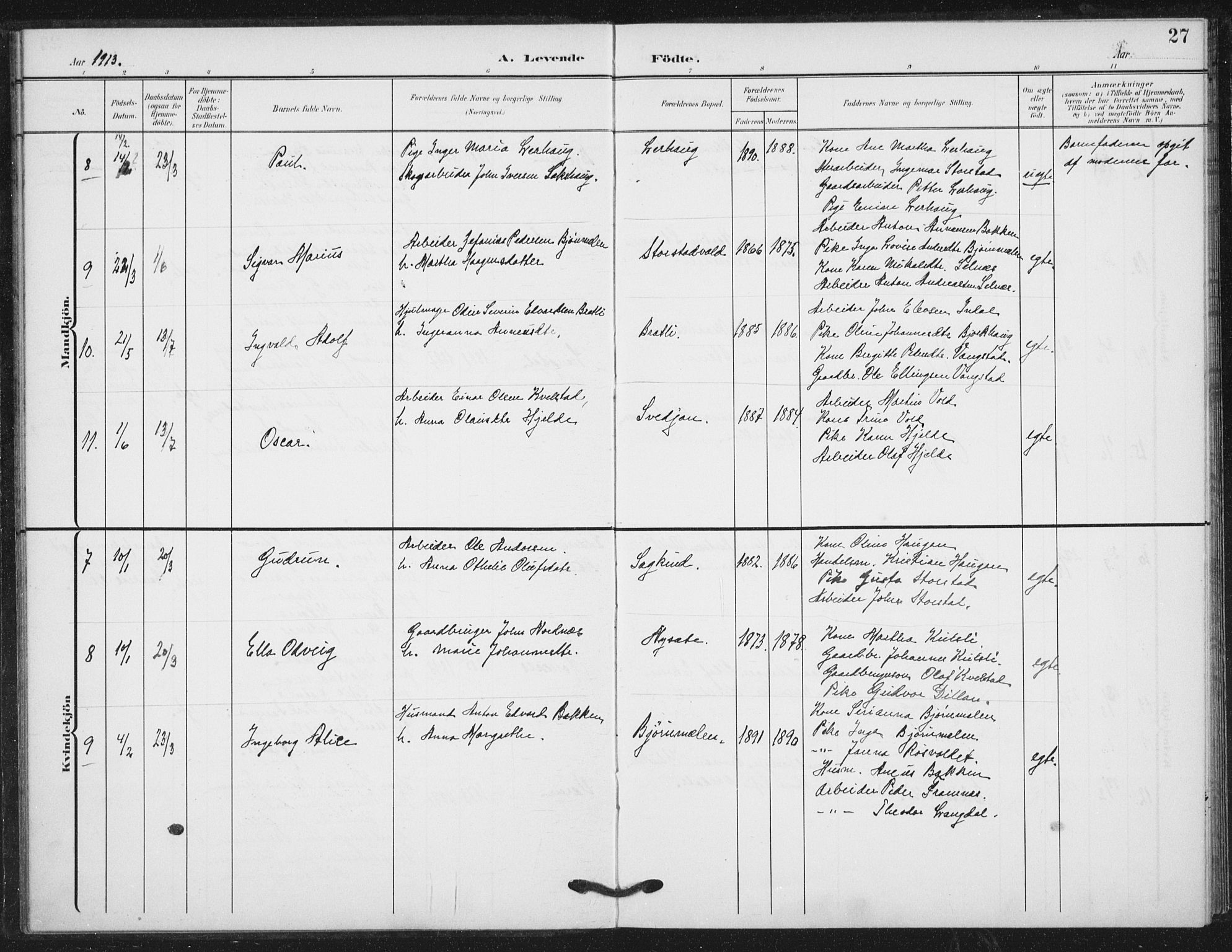 Ministerialprotokoller, klokkerbøker og fødselsregistre - Nord-Trøndelag, SAT/A-1458/724/L0264: Parish register (official) no. 724A02, 1908-1915, p. 27