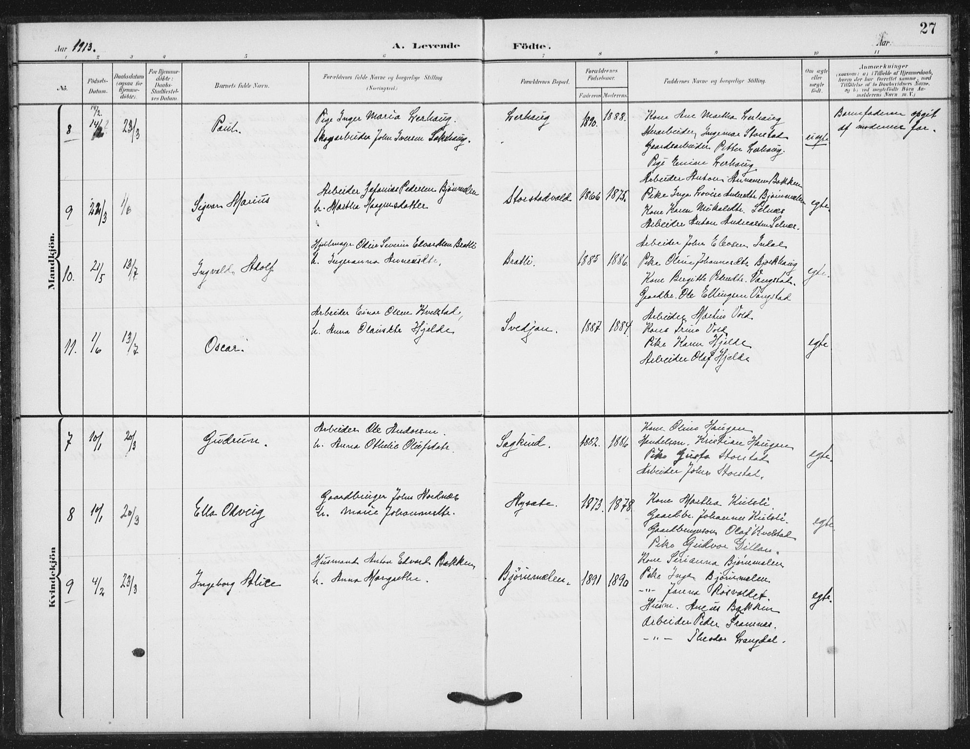 Ministerialprotokoller, klokkerbøker og fødselsregistre - Nord-Trøndelag, AV/SAT-A-1458/724/L0264: Parish register (official) no. 724A02, 1908-1915, p. 27