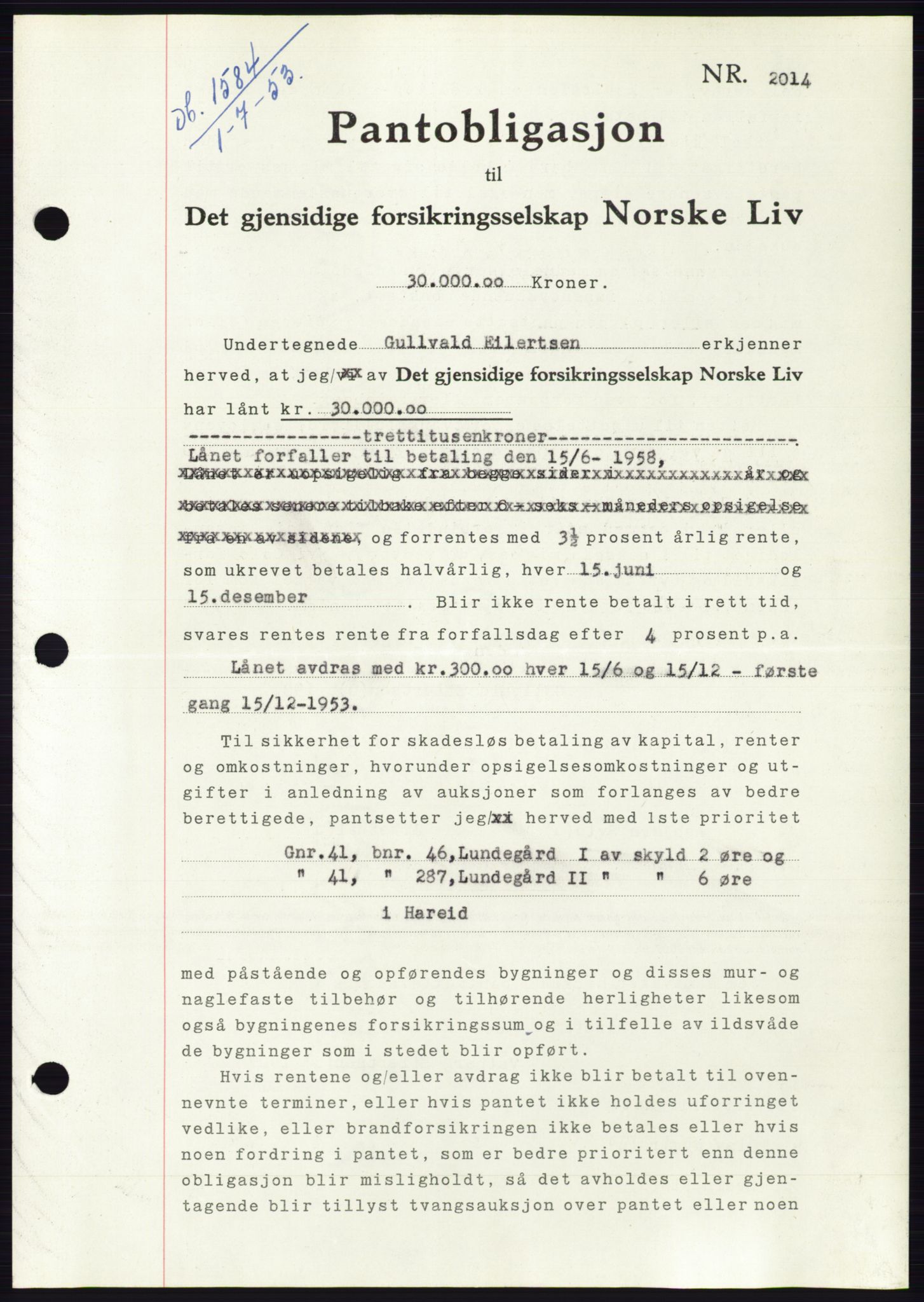 Søre Sunnmøre sorenskriveri, SAT/A-4122/1/2/2C/L0123: Mortgage book no. 11B, 1953-1953, Diary no: : 1584/1953