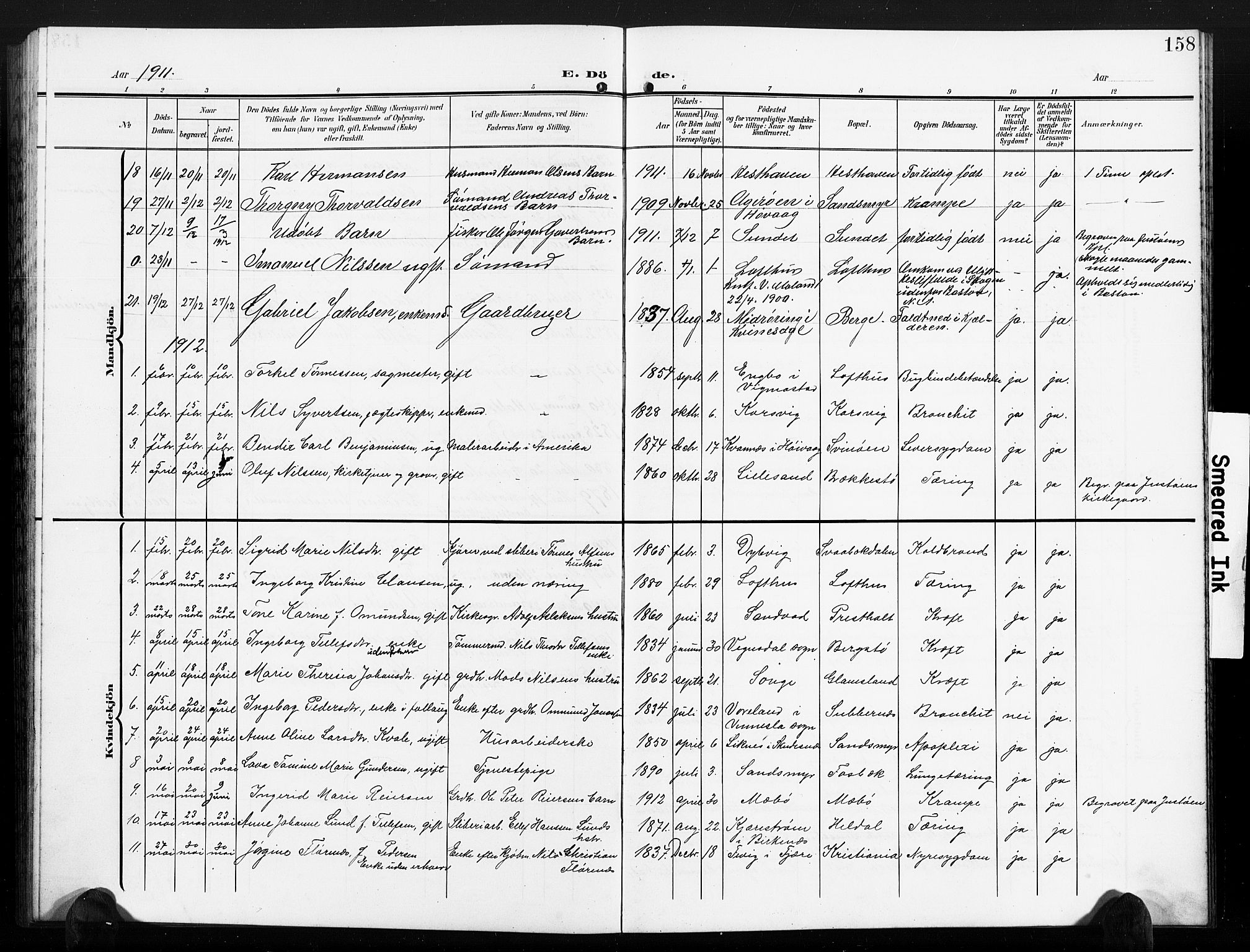Vestre Moland sokneprestkontor, AV/SAK-1111-0046/F/Fb/Fbb/L0007: Parish register (copy) no. B 7, 1906-1929, p. 158