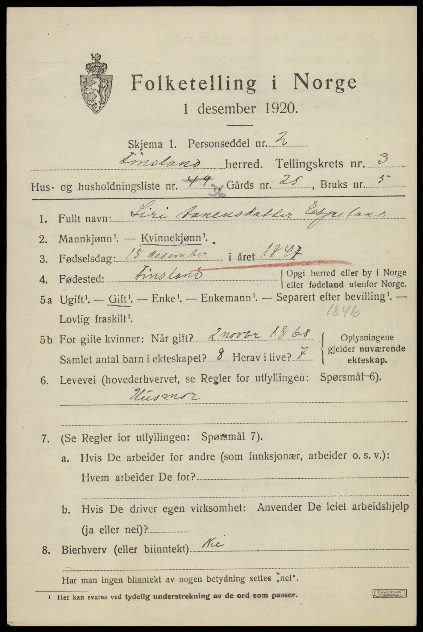 SAK, 1920 census for Finsland, 1920, p. 1598