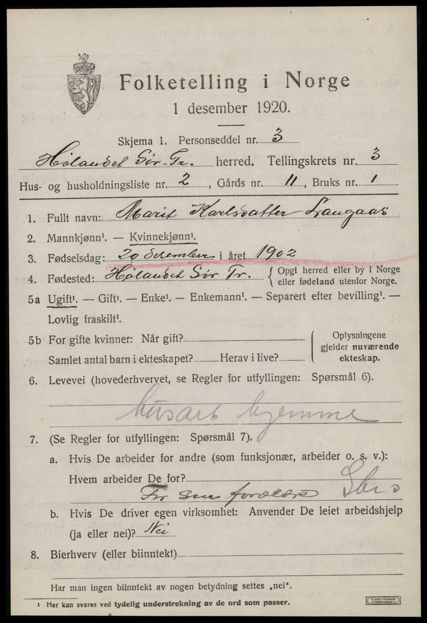 SAT, 1920 census for Hølonda, 1920, p. 1175