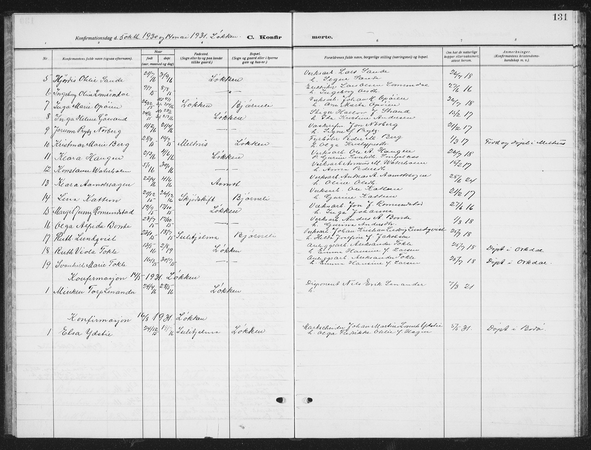 Ministerialprotokoller, klokkerbøker og fødselsregistre - Sør-Trøndelag, SAT/A-1456/672/L0866: Parish register (copy) no. 672C05, 1929-1939, p. 131