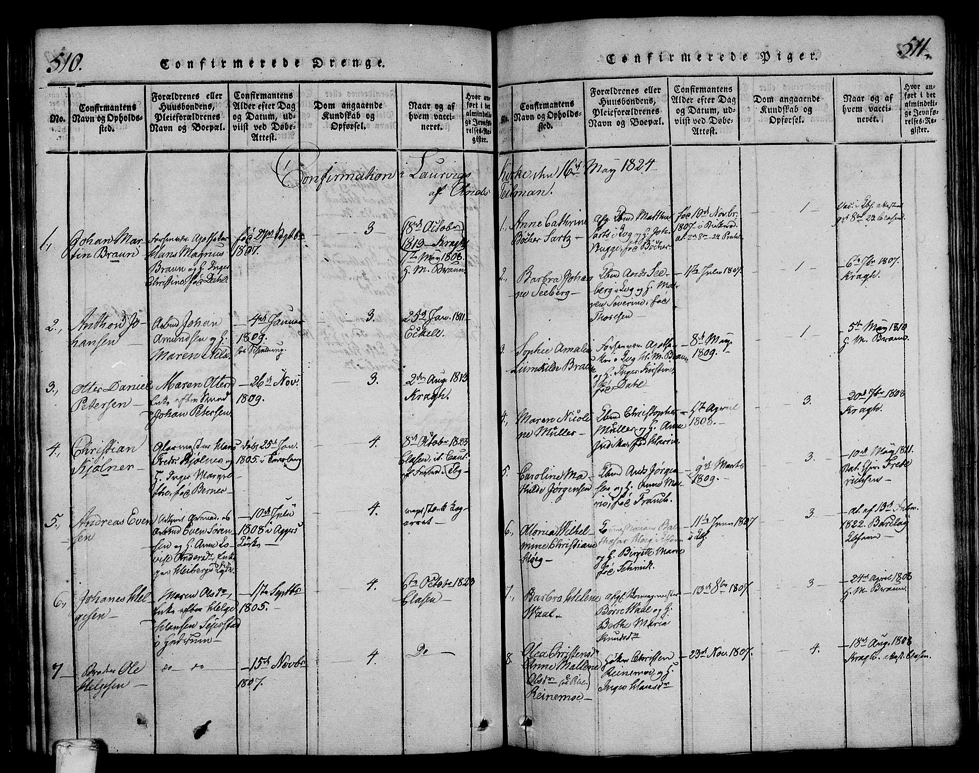 Larvik kirkebøker, SAKO/A-352/F/Fa/L0001: Parish register (official) no. I 1, 1814-1825, p. 510-511
