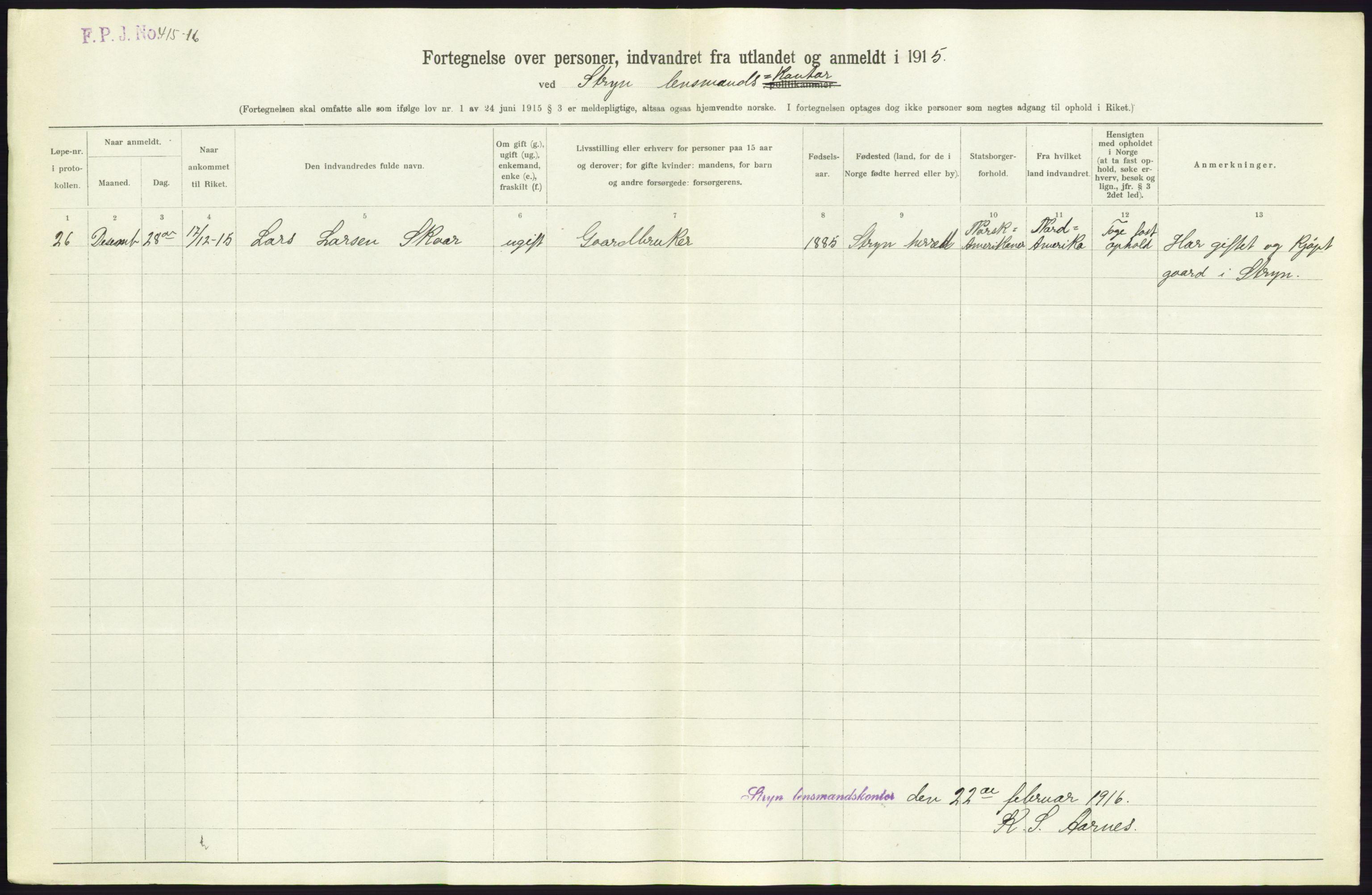 Statistisk sentralbyrå, Sosioøkonomiske emner, Folketellinger, boliger og boforhold, AV/RA-S-2231/F/Fa/L0001: Innvandring. Navn/fylkesvis, 1915, p. 470