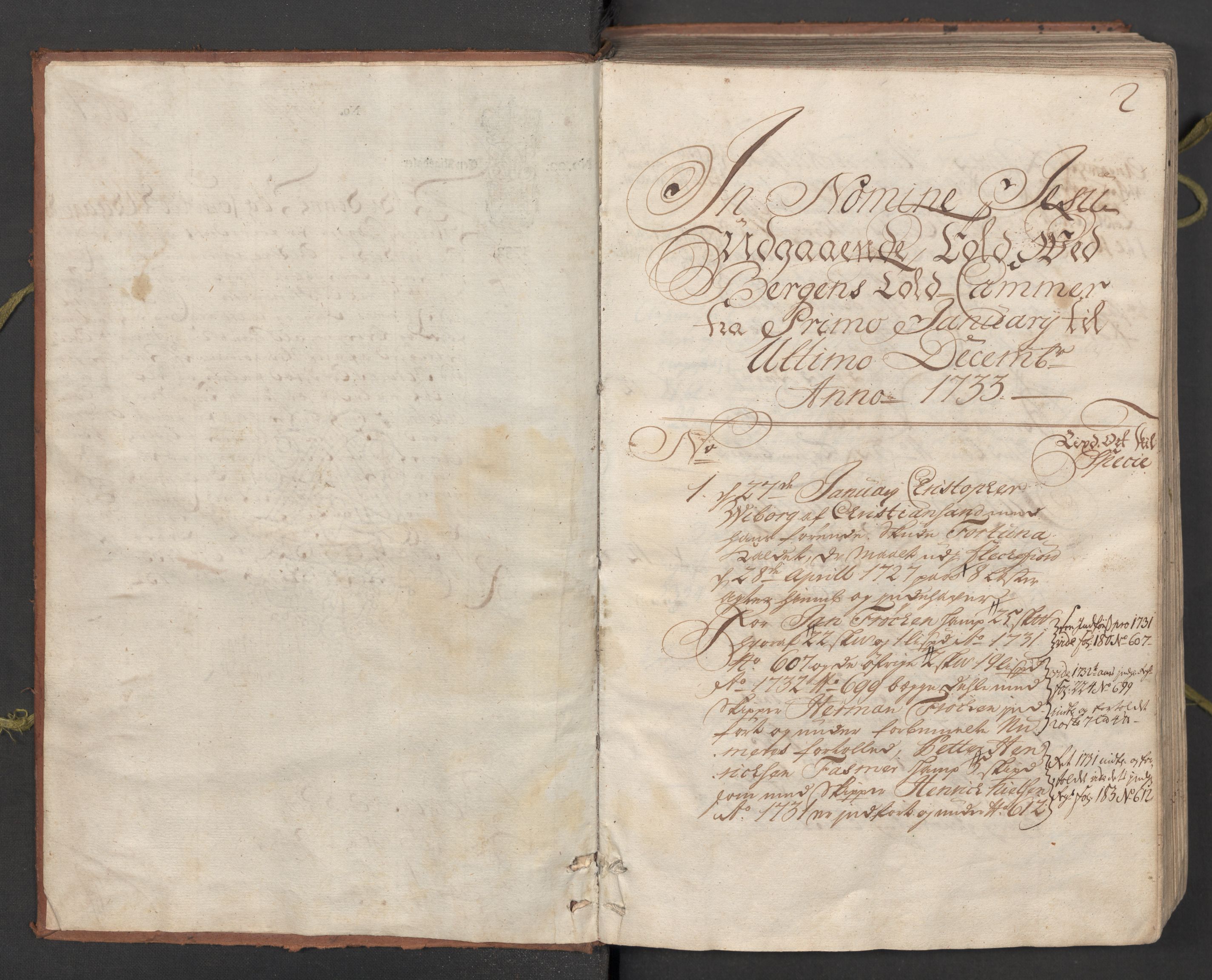 Generaltollkammeret, tollregnskaper, AV/RA-EA-5490/R26/L0024/0001: Tollregnskaper Bergen A / Utgående hovedtollbok, 1733, p. 1b-2a