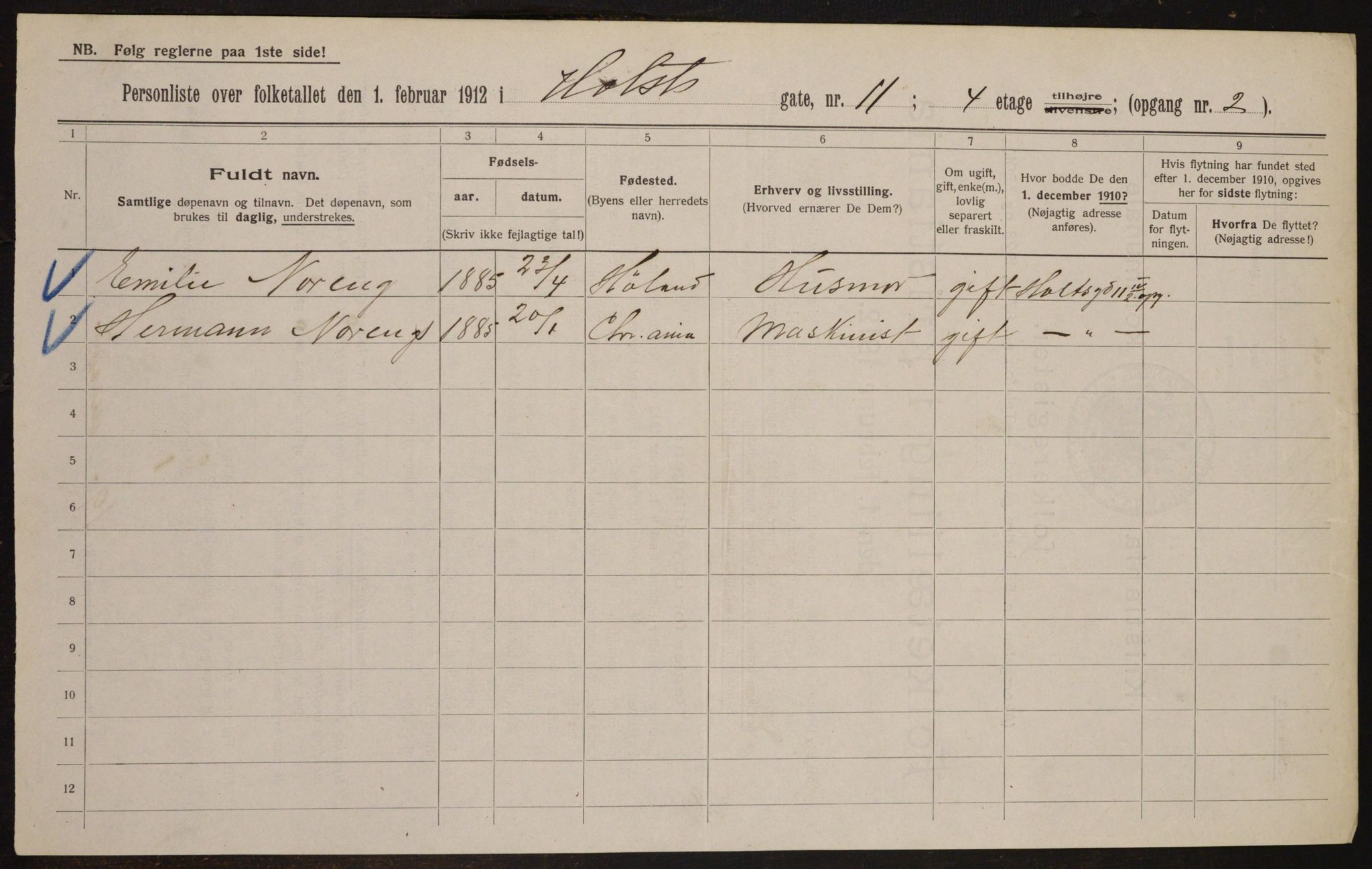 OBA, Municipal Census 1912 for Kristiania, 1912, p. 41509