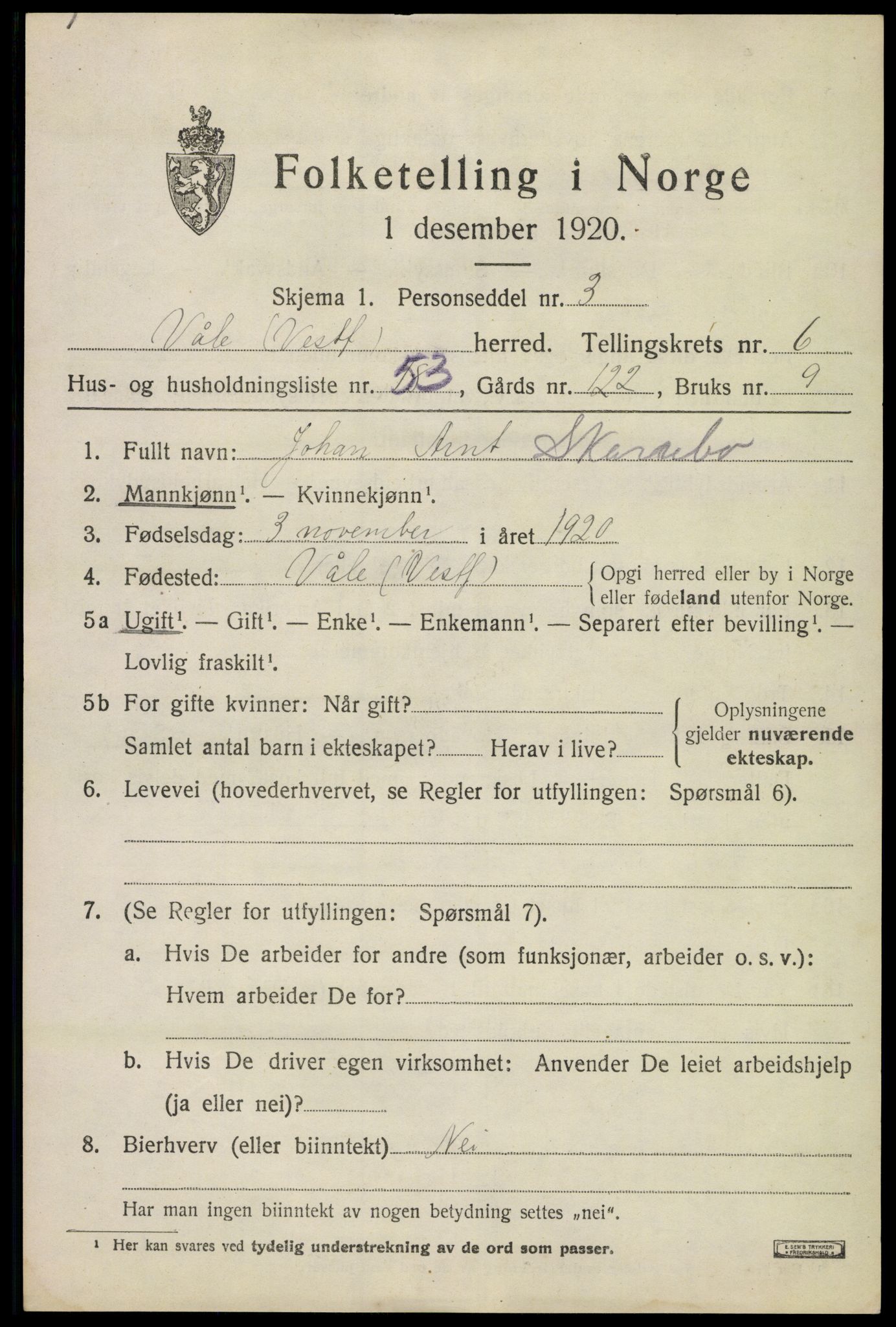 SAKO, 1920 census for Våle, 1920, p. 5488