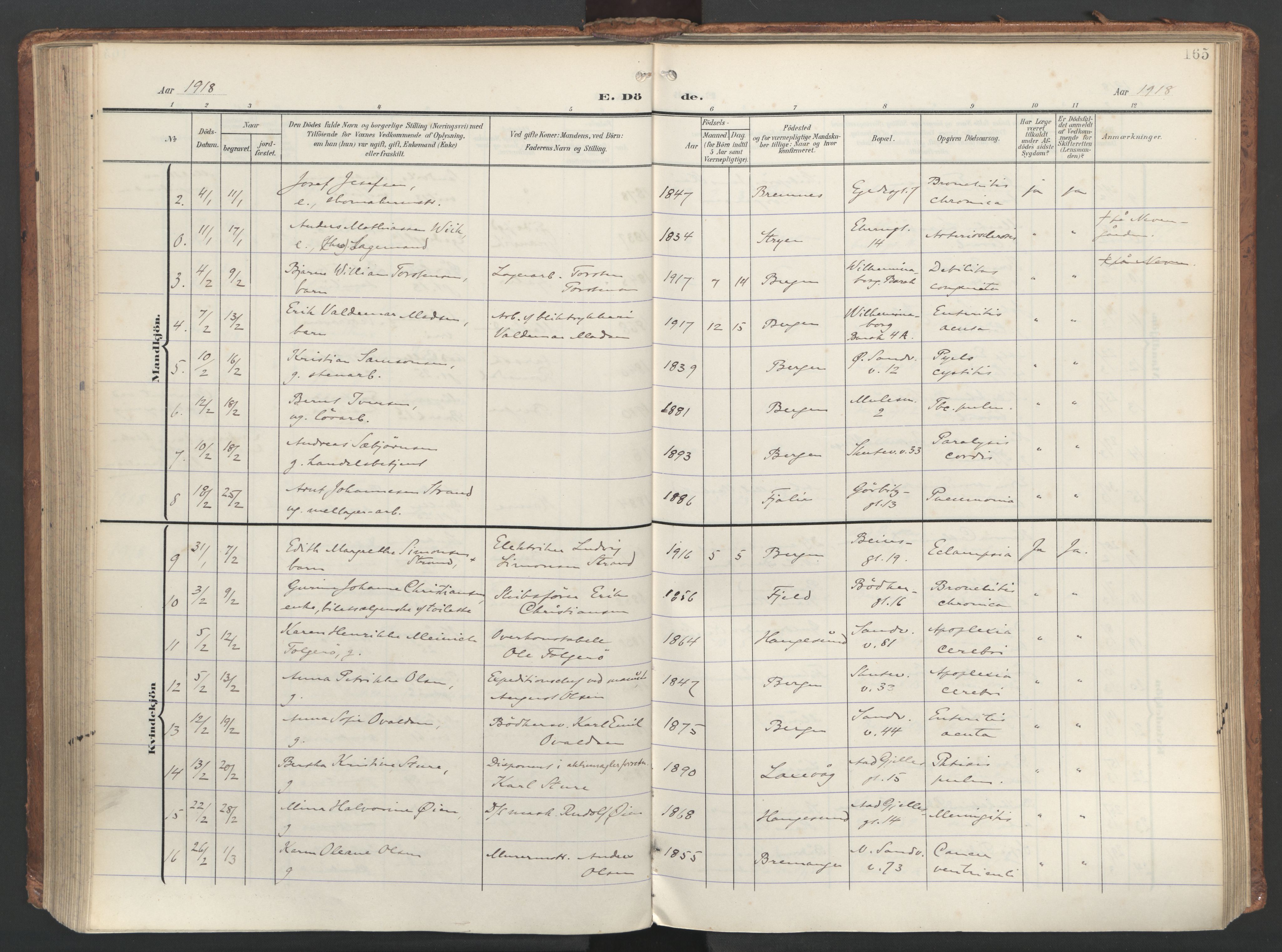 Sandviken Sokneprestembete, AV/SAB-A-77601/H/Ha/L0019: Parish register (official) no. E 2, 1905-1933, p. 165