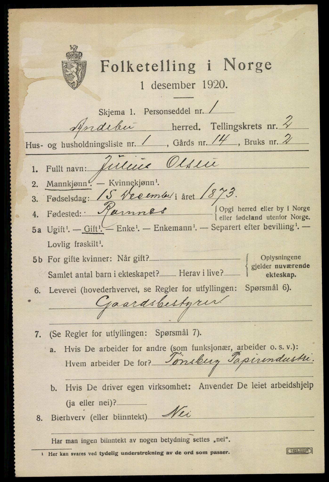 SAKO, 1920 census for Andebu, 1920, p. 1496