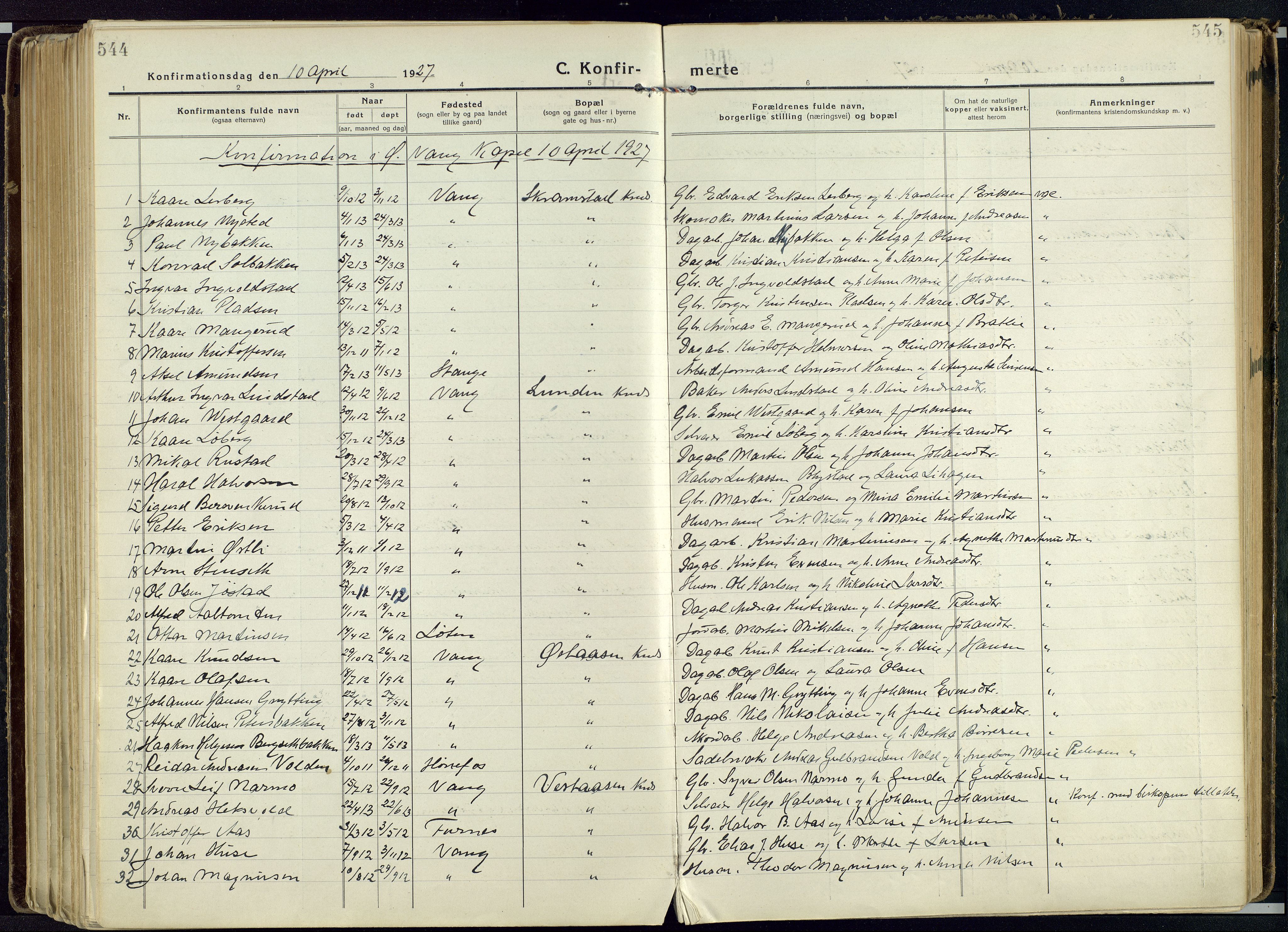 Vang prestekontor, Hedmark, SAH/PREST-008/H/Ha/Haa/L0022: Parish register (official) no. 22, 1918-1944, p. 544-545