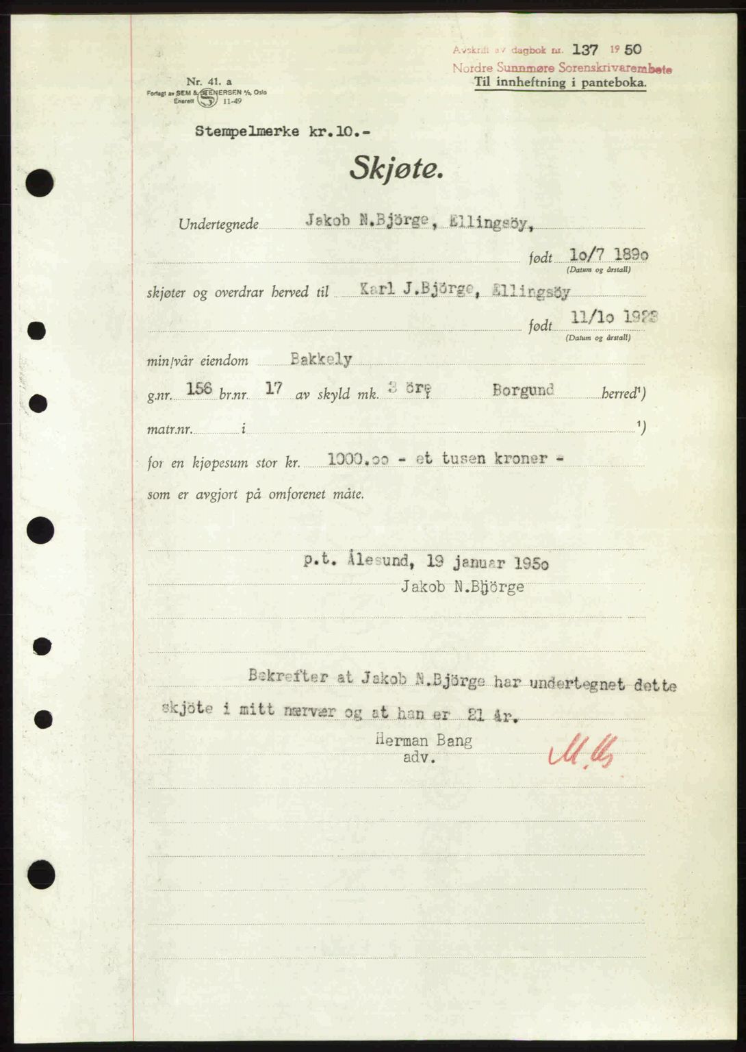 Nordre Sunnmøre sorenskriveri, AV/SAT-A-0006/1/2/2C/2Ca: Mortgage book no. A33, 1949-1950, Diary no: : 137/1950