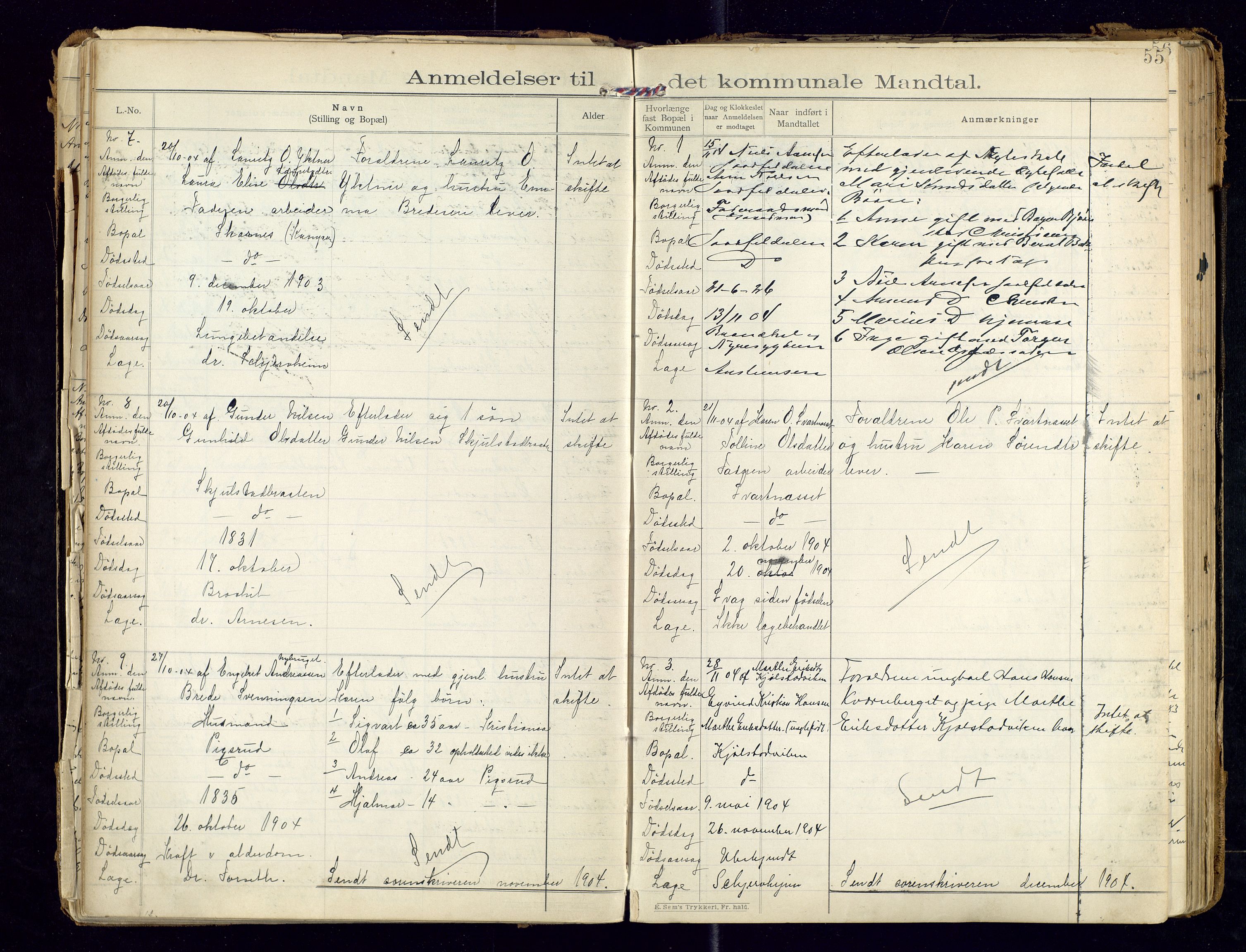 Sør-Odal lensmannskontor, AV/SAH-LHS-022/H/Hb/L0001/0002: Protokoller over anmeldte dødsfall / Protokoll over anmeldte dødsfall, 1901-1913, p. 55