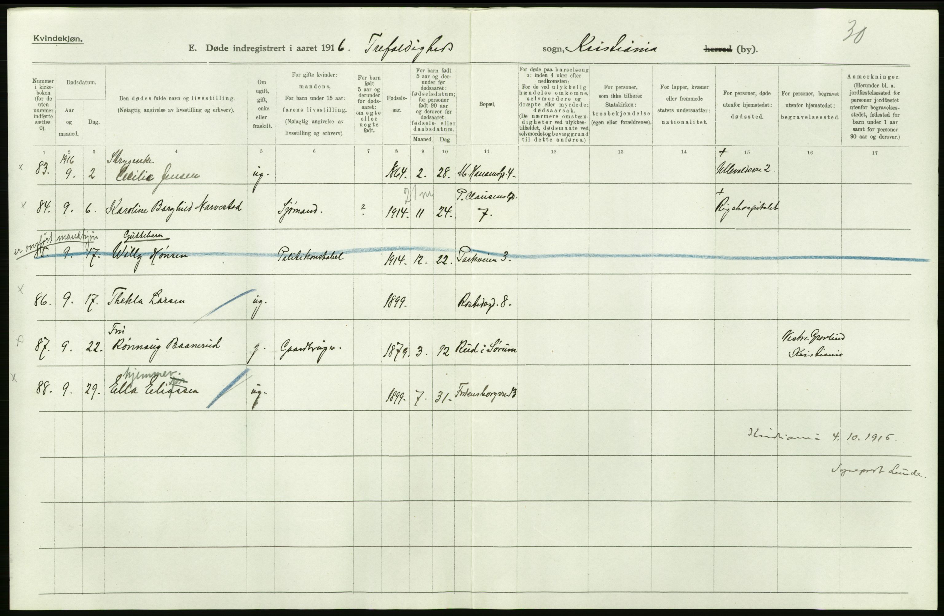 Statistisk sentralbyrå, Sosiodemografiske emner, Befolkning, AV/RA-S-2228/D/Df/Dfb/Dfbf/L0010: Kristiania: Døde, dødfødte., 1916, p. 136