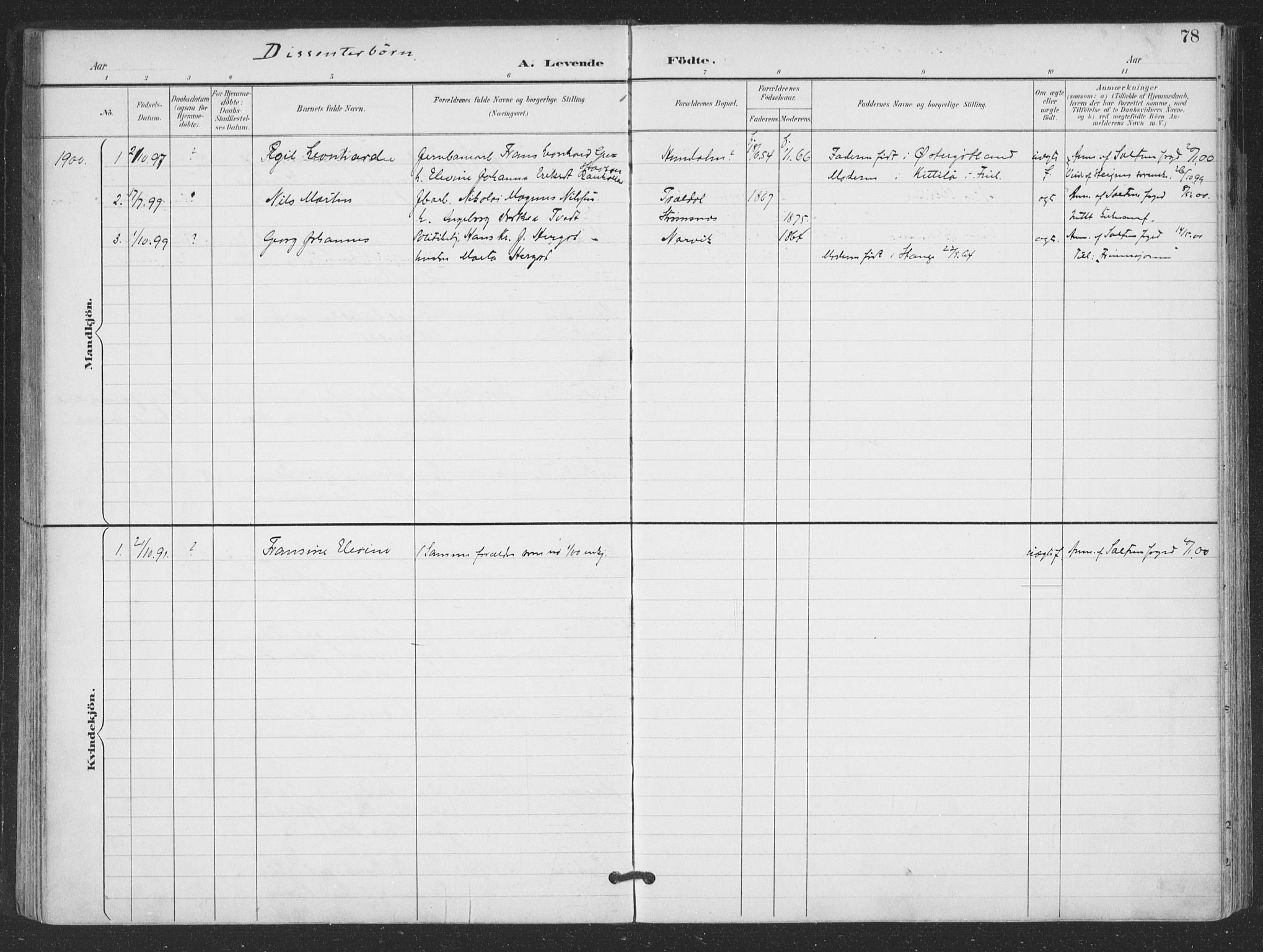 Ministerialprotokoller, klokkerbøker og fødselsregistre - Nordland, SAT/A-1459/866/L0939: Parish register (official) no. 866A02, 1894-1906, p. 78