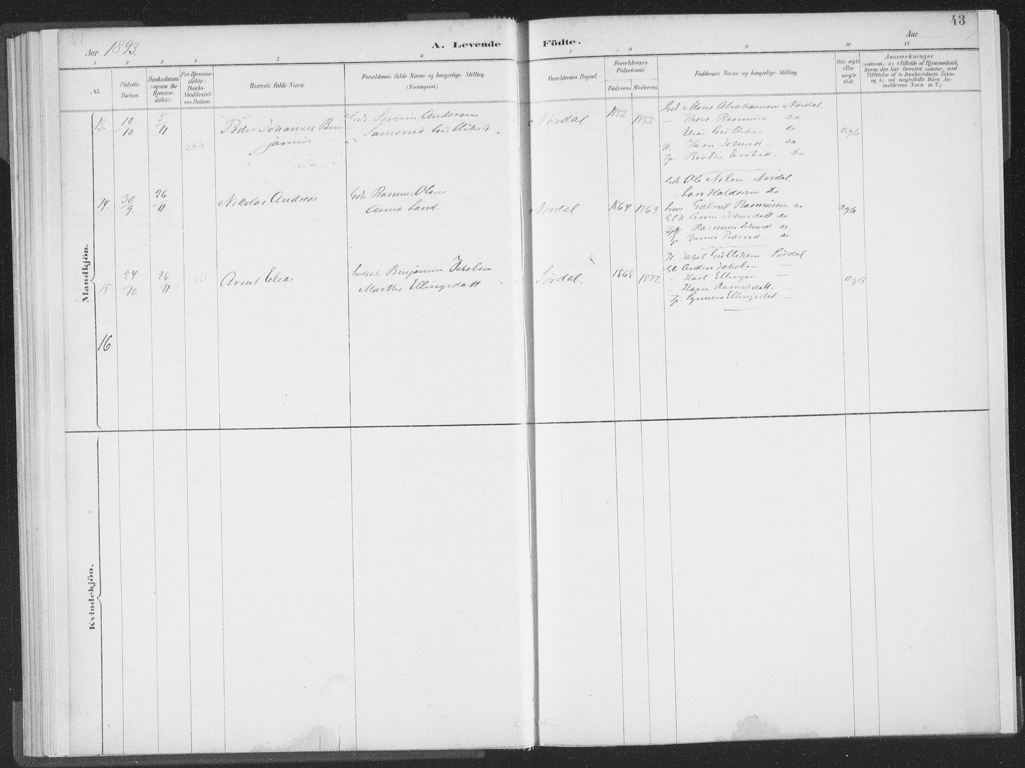 Ministerialprotokoller, klokkerbøker og fødselsregistre - Møre og Romsdal, AV/SAT-A-1454/502/L0025: Parish register (official) no. 502A03, 1885-1909, p. 43