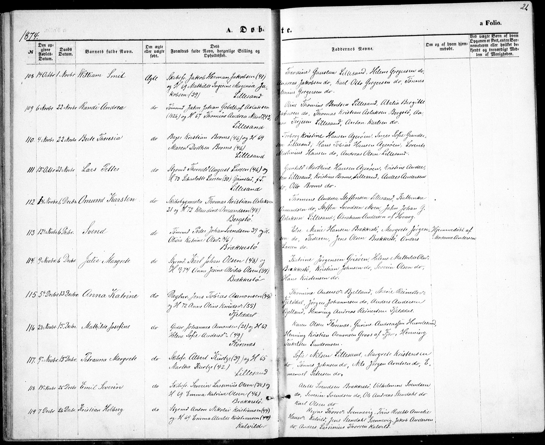 Vestre Moland sokneprestkontor, SAK/1111-0046/F/Fb/Fbb/L0005: Parish register (copy) no. B 5, 1872-1883, p. 21