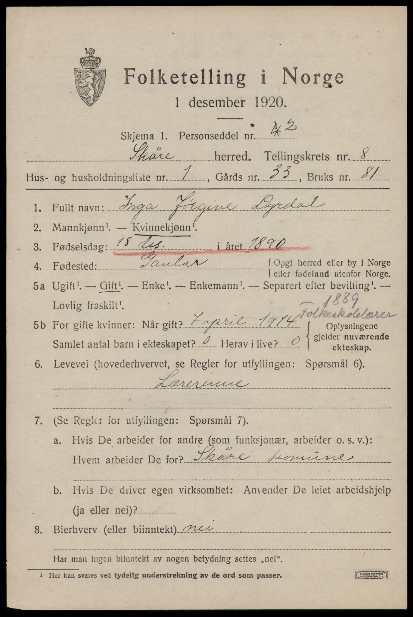 SAST, 1920 census for Skåre, 1920, p. 5718