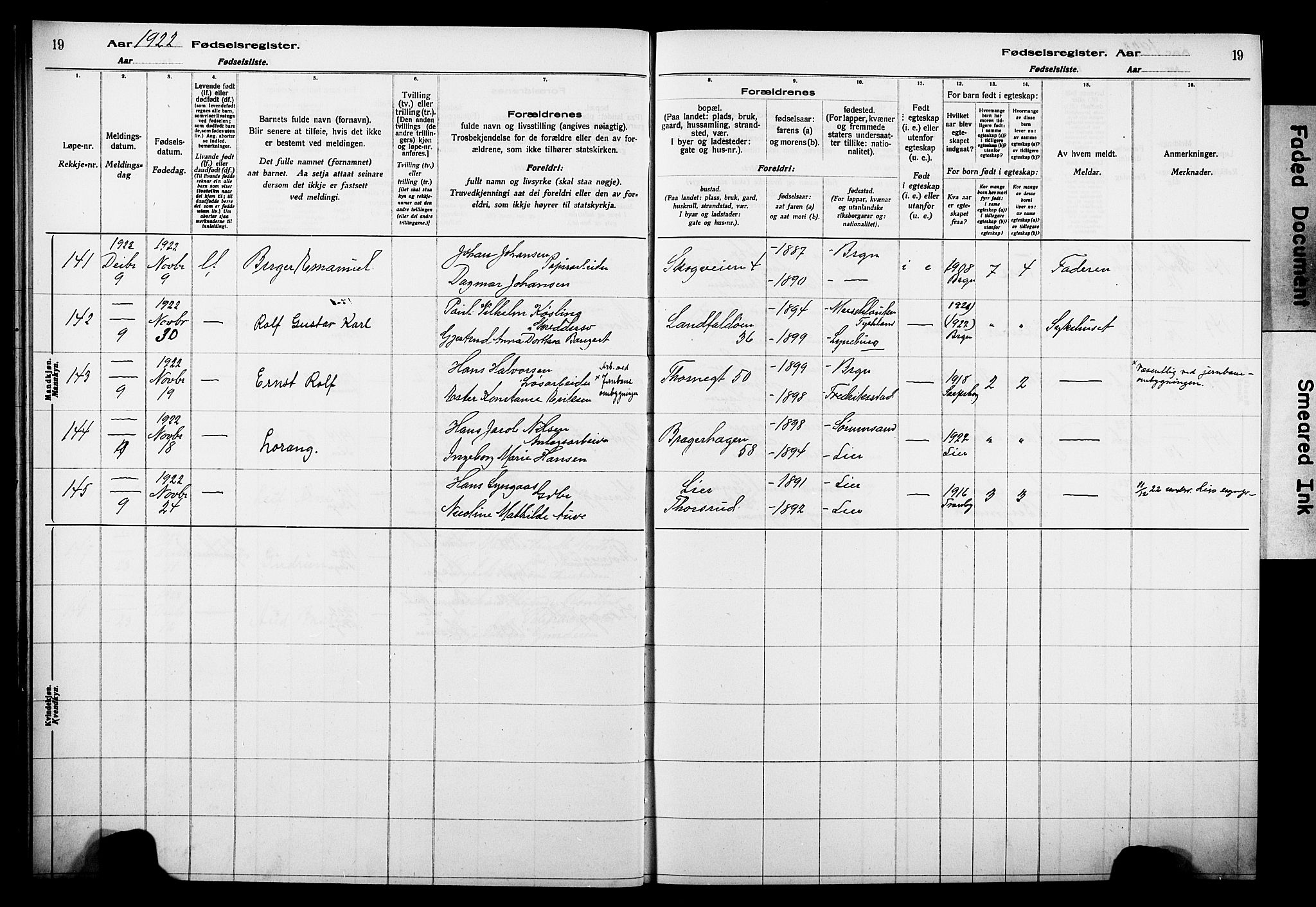 Bragernes kirkebøker, AV/SAKO-A-6/J/Ja/L0002: Birth register no. 2, 1922-1930, p. 19