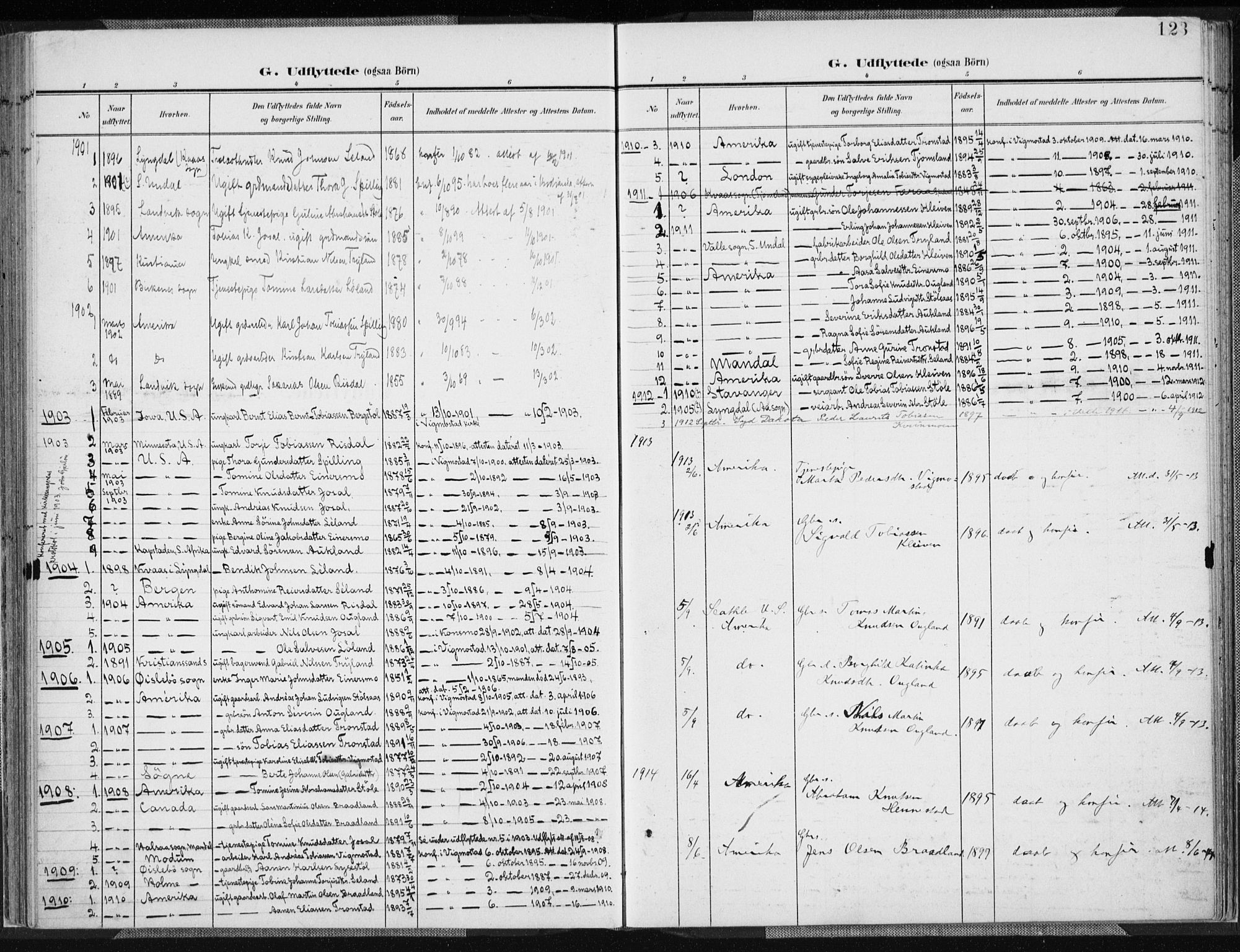 Nord-Audnedal sokneprestkontor, SAK/1111-0032/F/Fa/Fab/L0004: Parish register (official) no. A 4, 1901-1917, p. 123