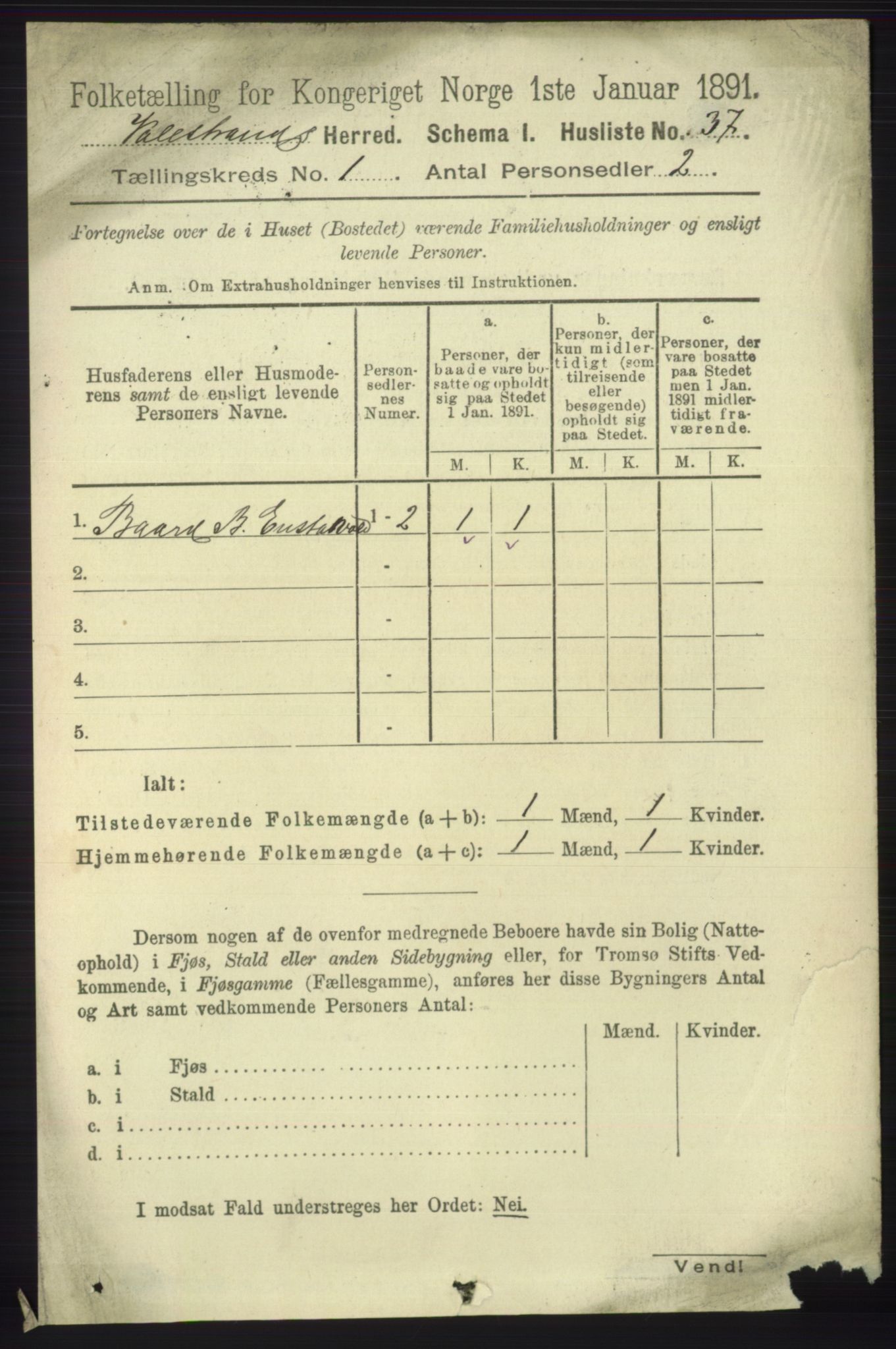 RA, 1891 census for 1217 Valestrand, 1891, p. 52