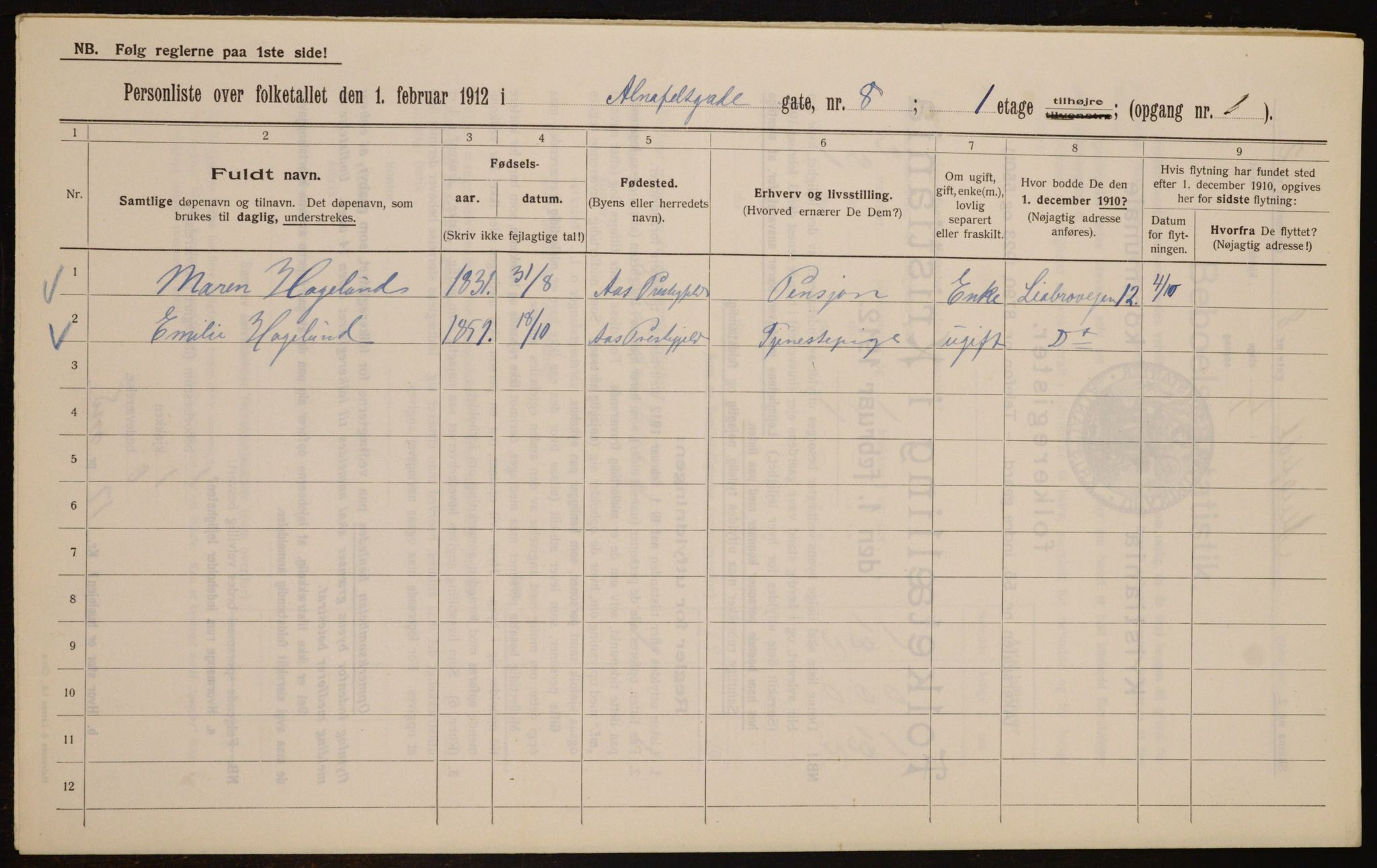 OBA, Municipal Census 1912 for Kristiania, 1912, p. 1209