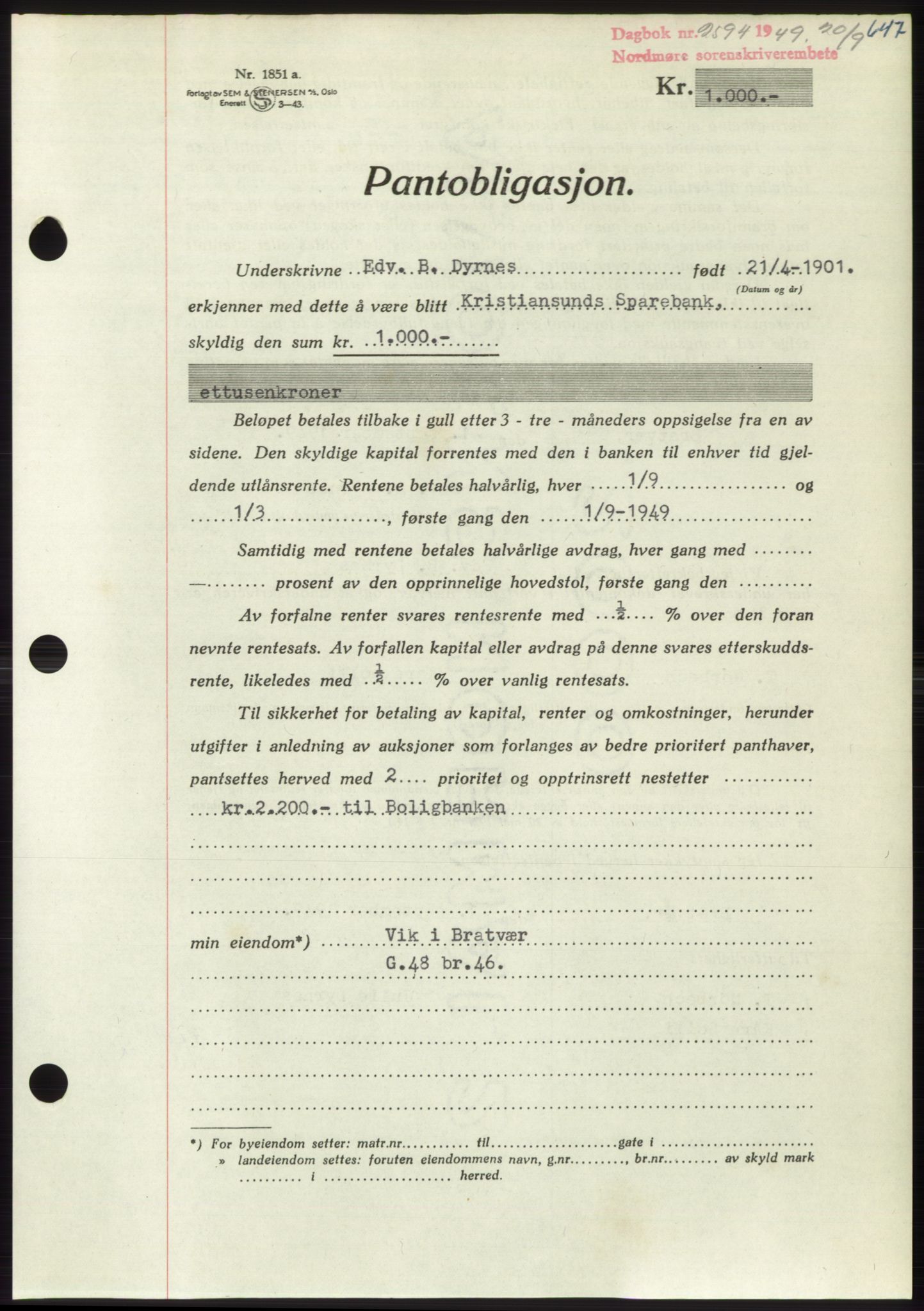 Nordmøre sorenskriveri, AV/SAT-A-4132/1/2/2Ca: Mortgage book no. B102, 1949-1949, Diary no: : 2594/1949