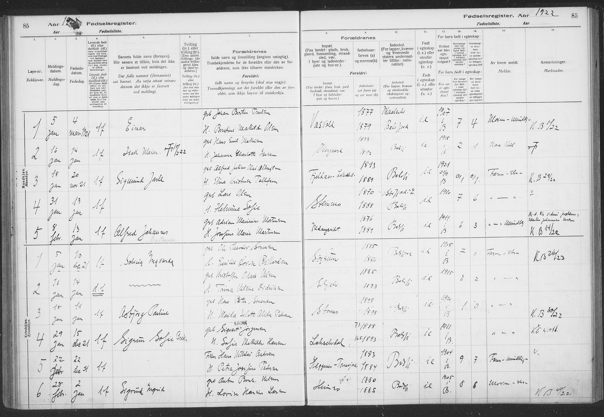 Balsfjord sokneprestembete, SATØ/S-1303/H/Hb/L0059: Birth register no. 59, 1916-1930, p. 85