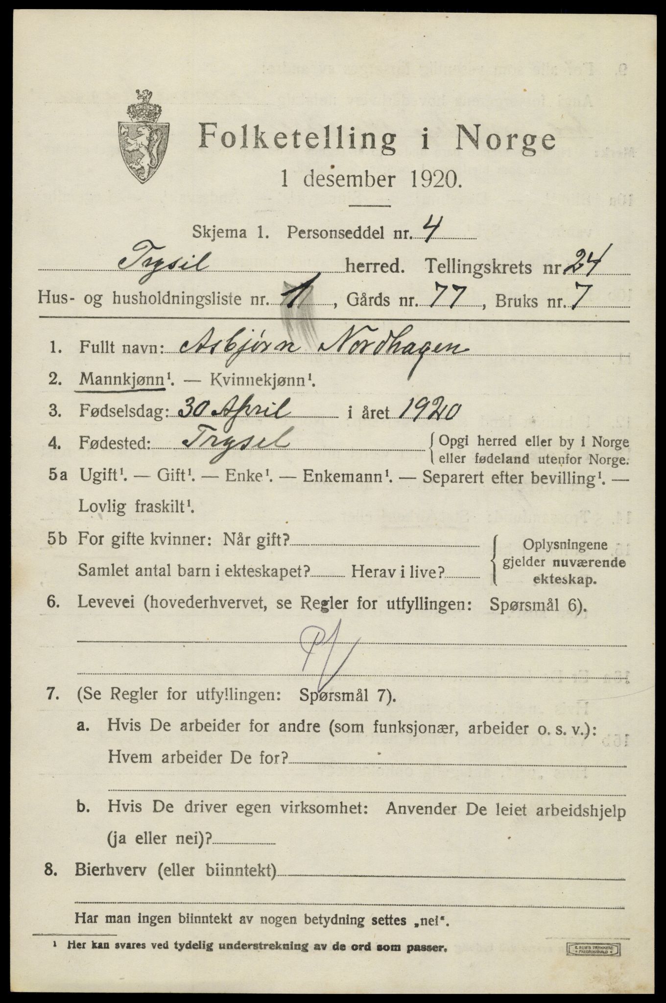 SAH, 1920 census for Trysil, 1920, p. 15221