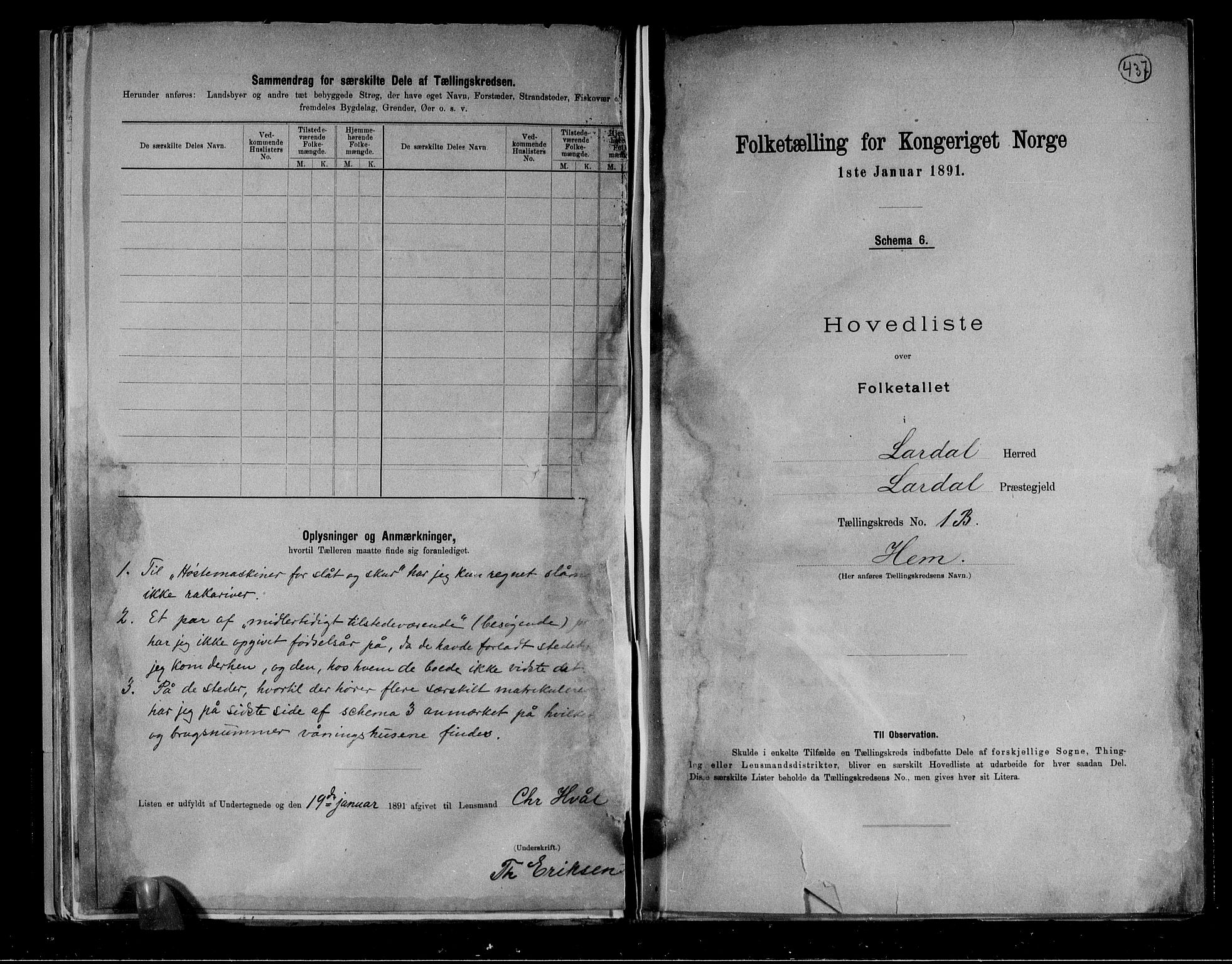 RA, 1891 census for 0728 Lardal, 1891, p. 6