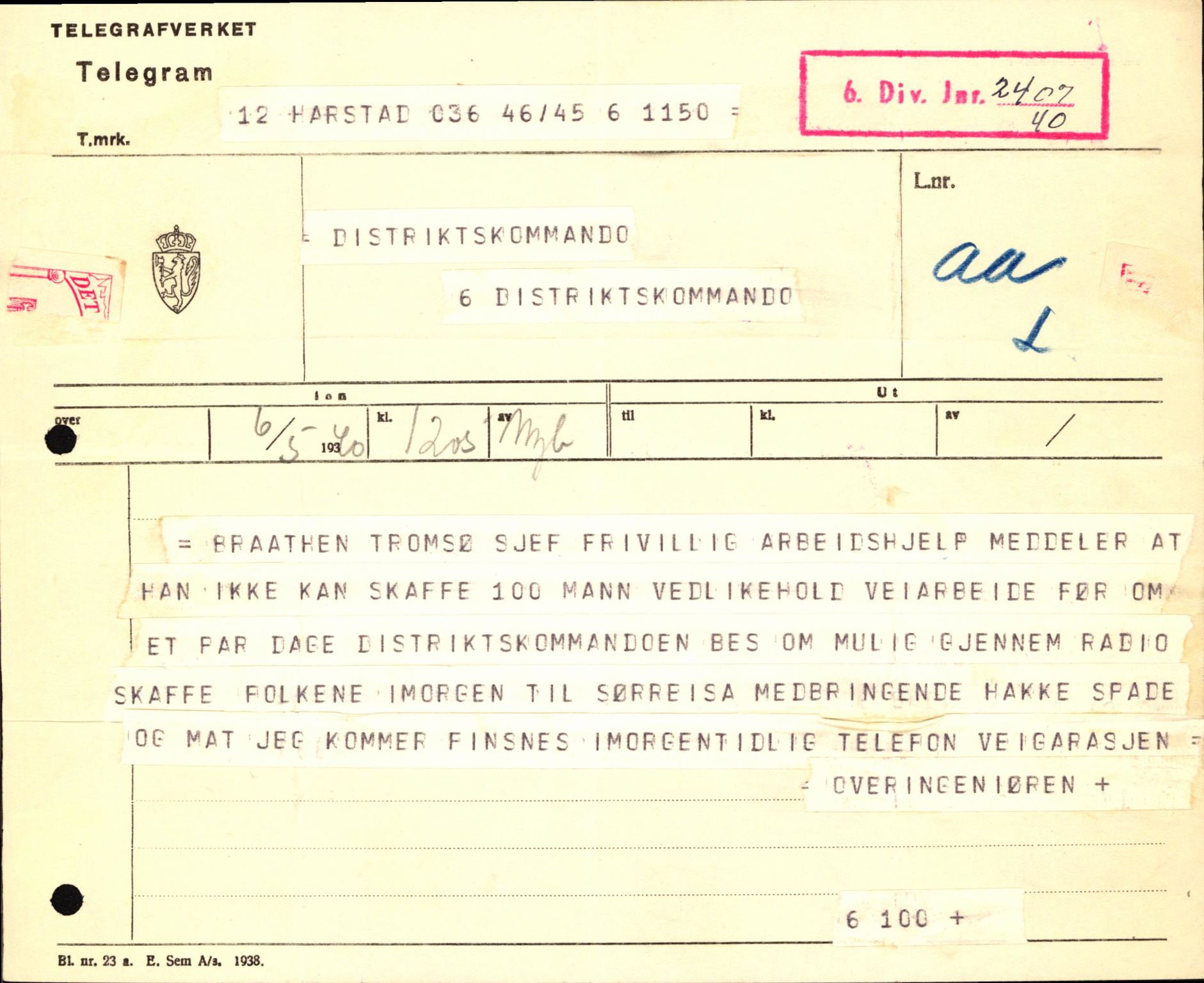 Forsvaret, Forsvarets krigshistoriske avdeling, AV/RA-RAFA-2017/Y/Yb/L0123: II-C-11-600  -  6. Divisjon med avdelinger, 1940, p. 429