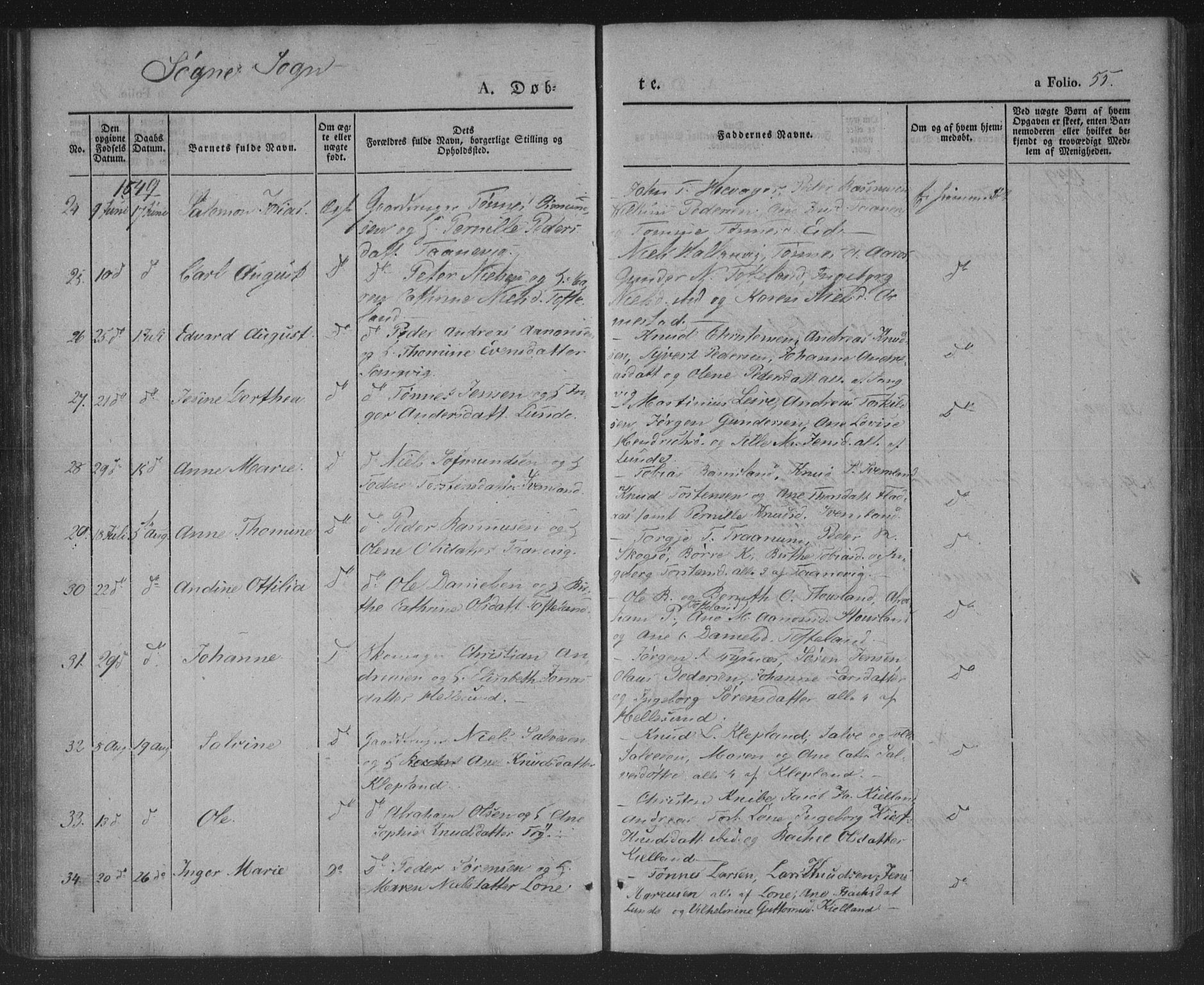 Søgne sokneprestkontor, AV/SAK-1111-0037/F/Fa/Fab/L0009: Parish register (official) no. A 9, 1838-1853, p. 55